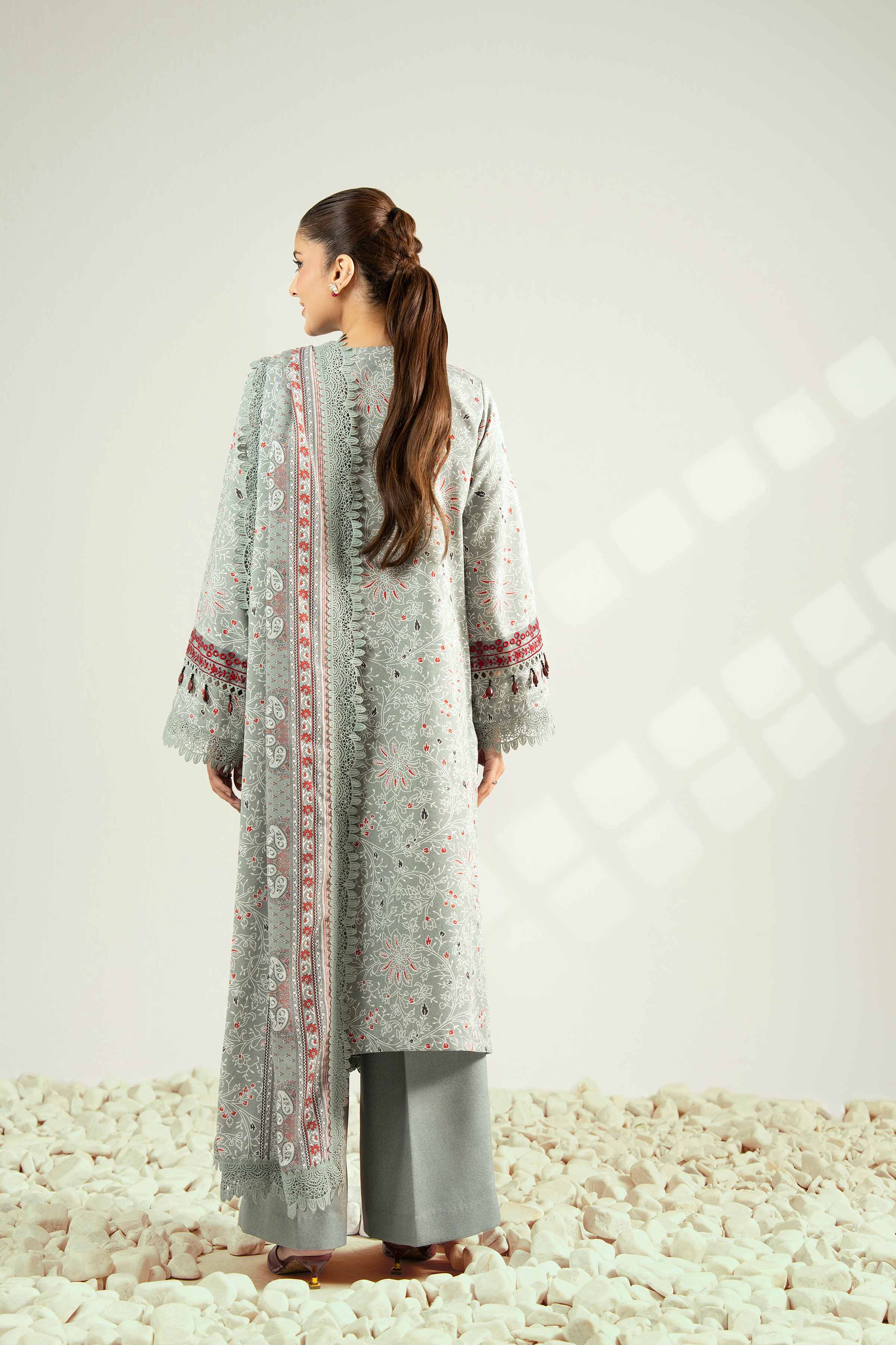 NISHATUAE - Grey Embroidered Karandi 3-piece Unstitched Suit