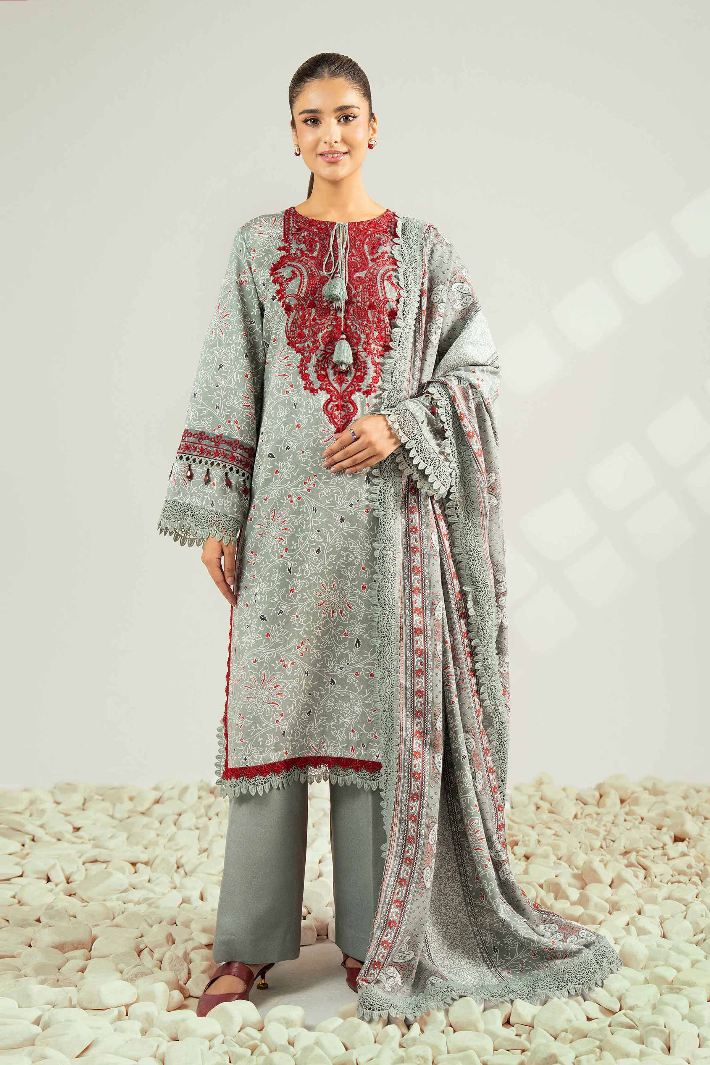 NISHATUAE - Grey Embroidered Karandi 3-piece Unstitched Suit