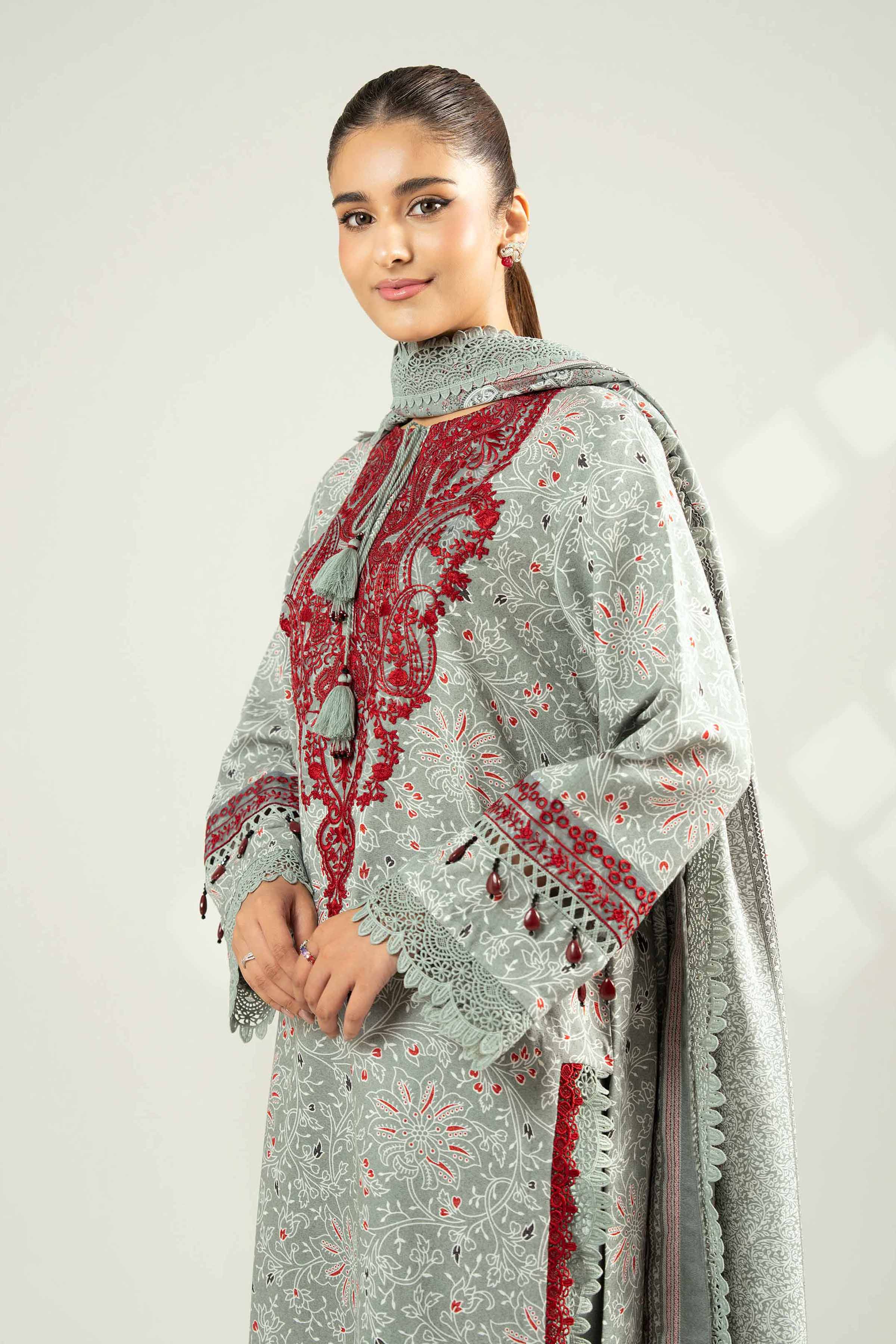 NISHATUAE - Grey Embroidered Karandi 3-piece Unstitched Suit