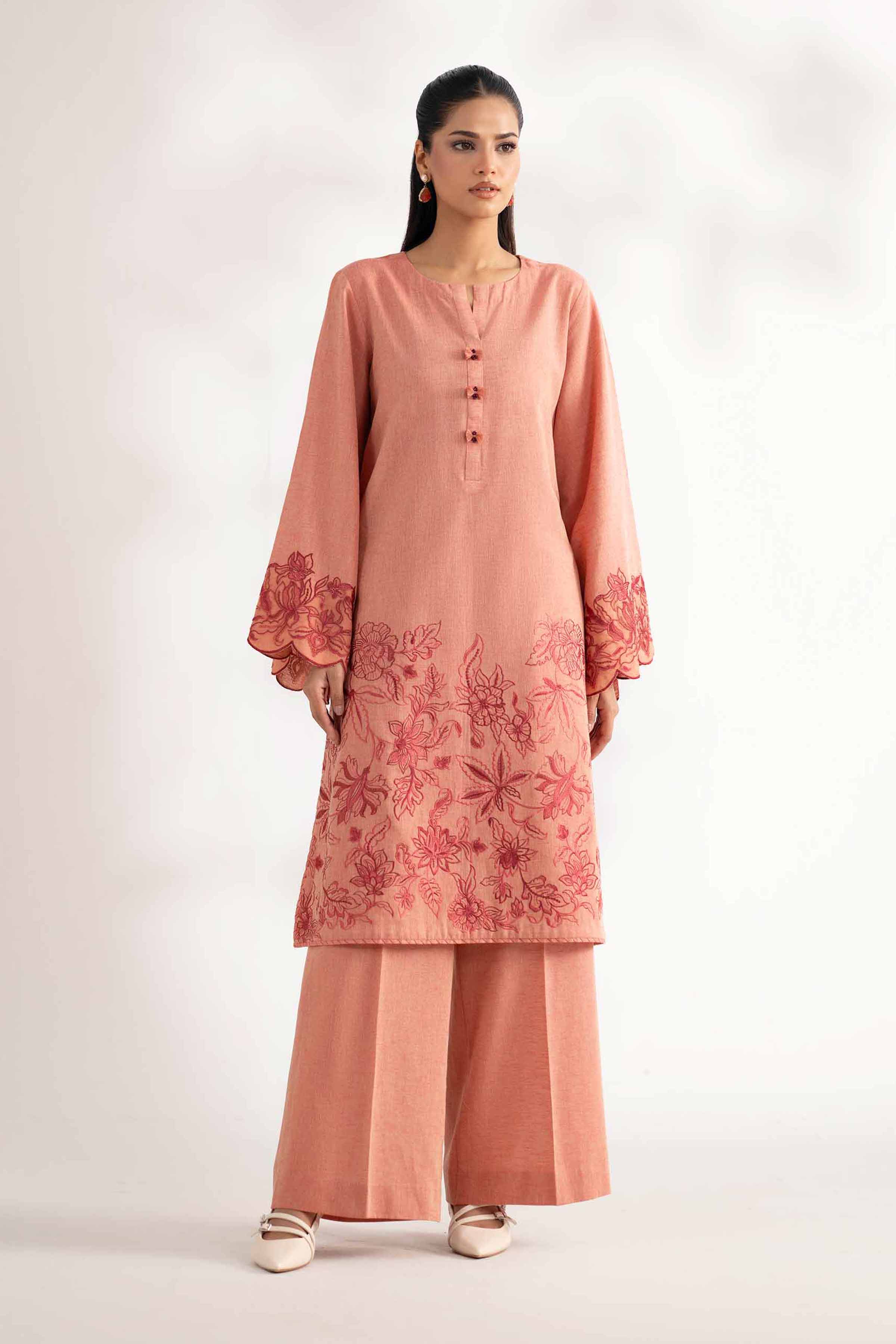 NISHATUAE - Coral Embroidered Cotton 2-piece Unstitched Dress