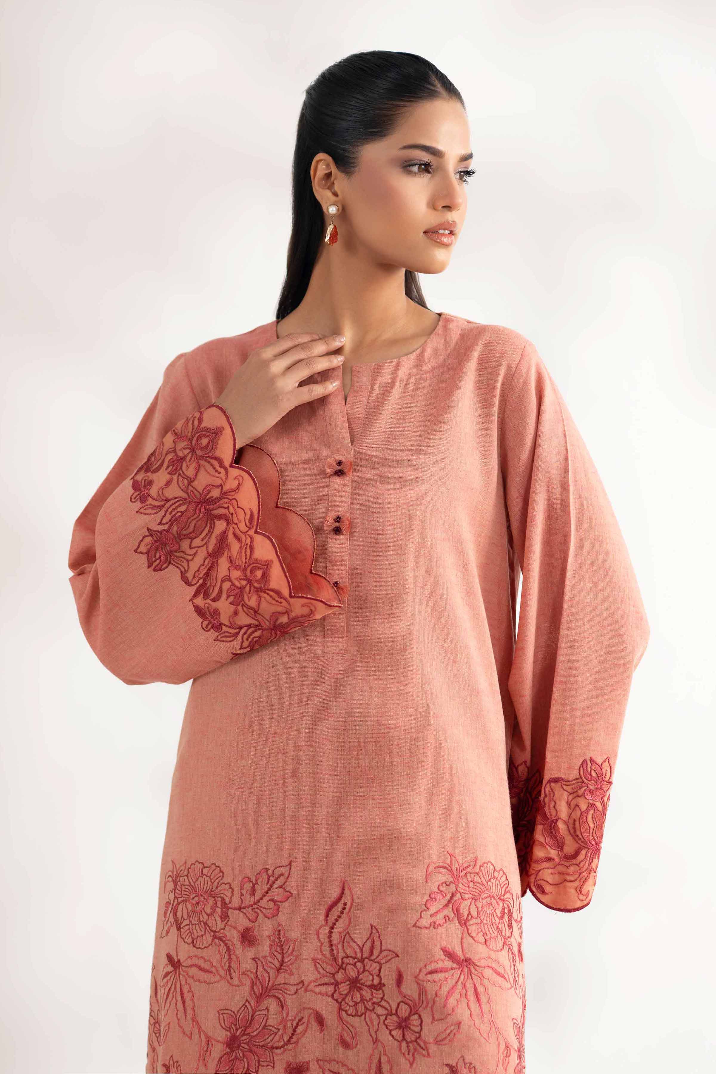 NISHATUAE - Coral Embroidered Cotton 2-piece Unstitched Dress