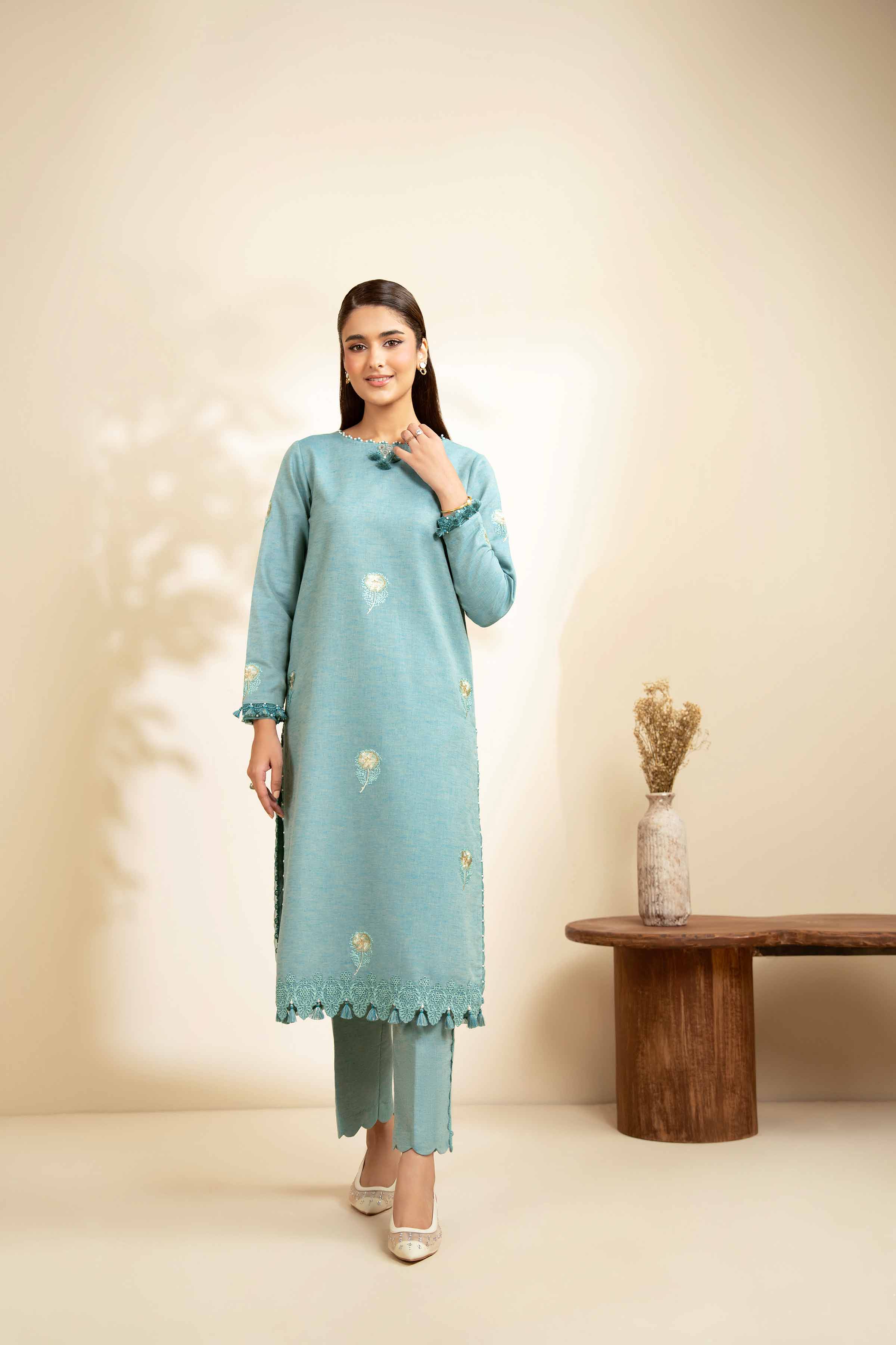 NISHATUAE - Turquoise Embroidered Linen 2-piece Unstitched Dress