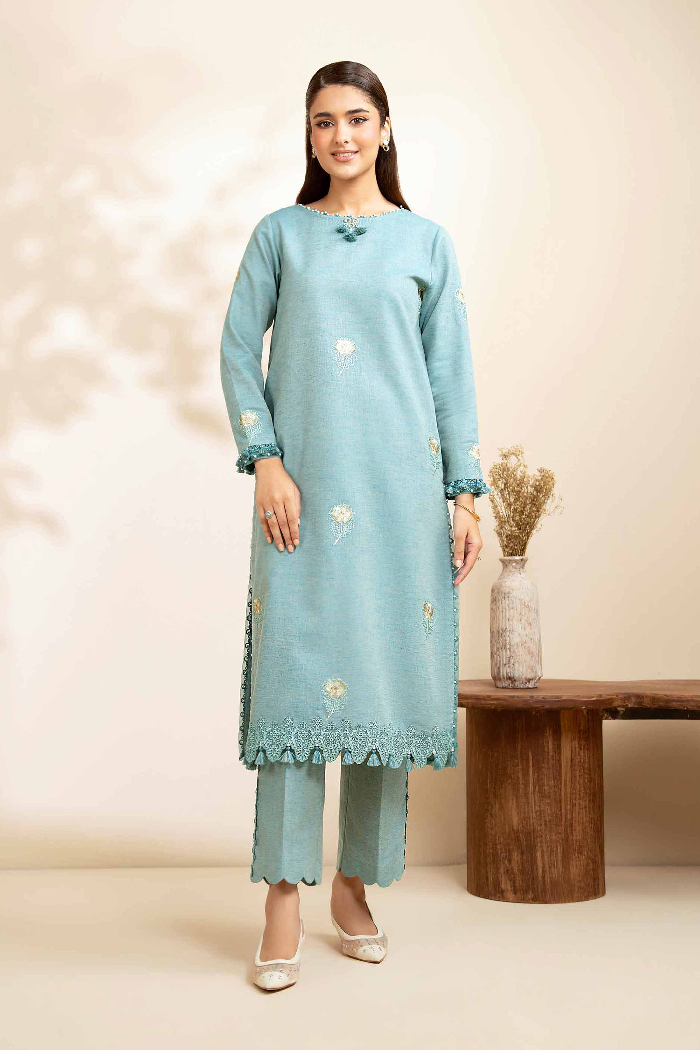 NISHATUAE - Turquoise Embroidered Linen 2-piece Unstitched Dress