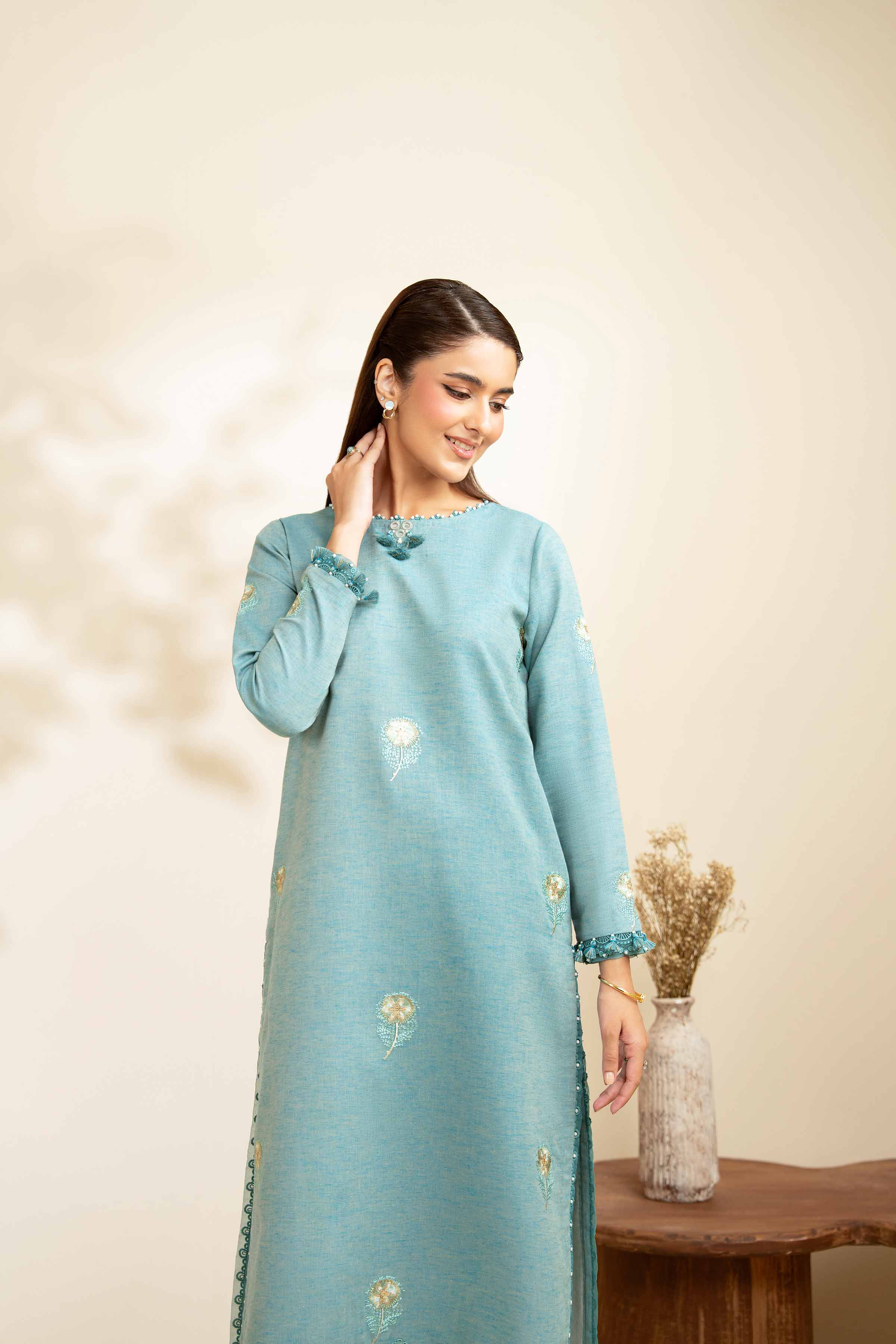 NISHATUAE - Turquoise Embroidered Linen 2-piece Unstitched Dress