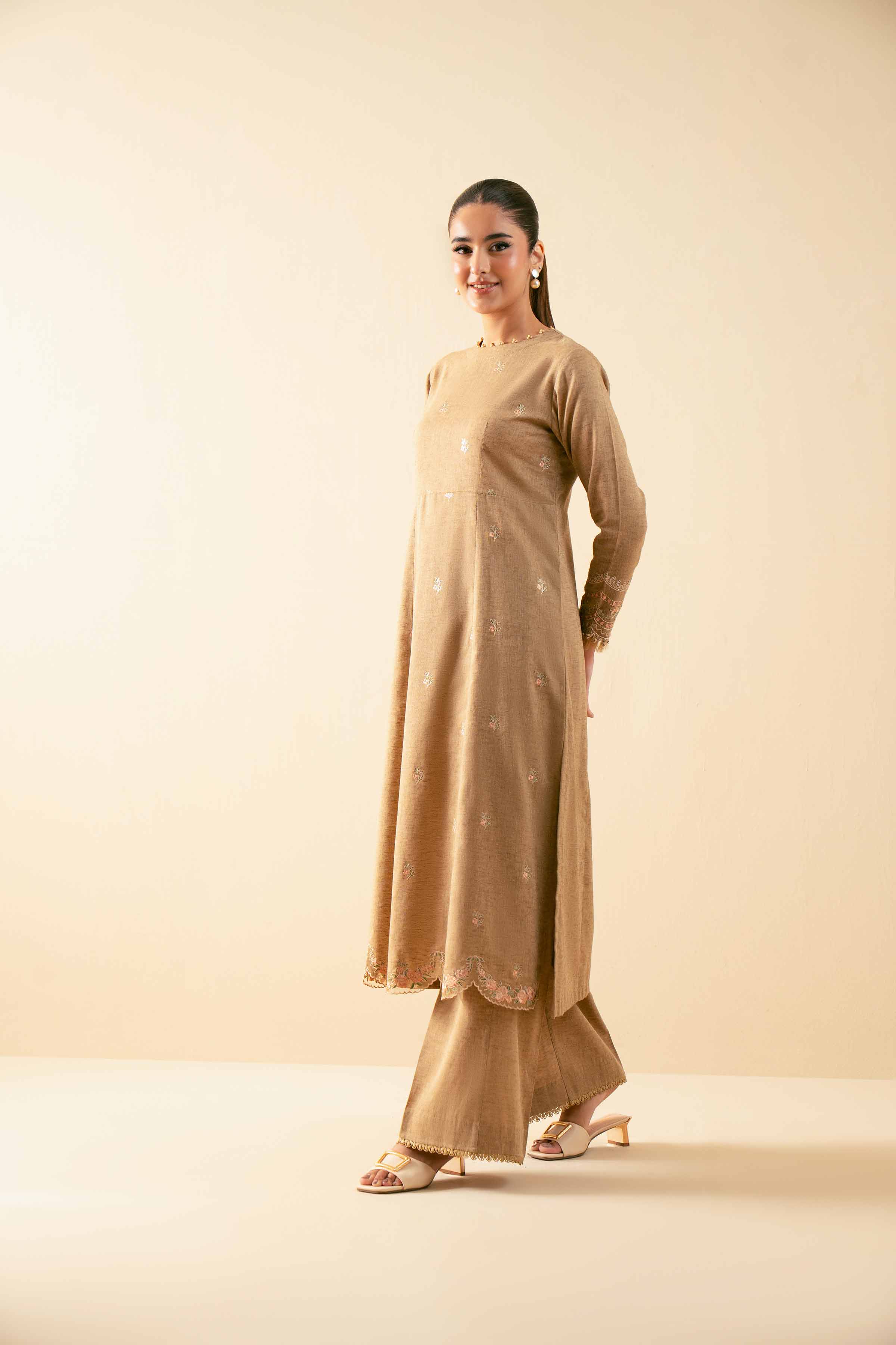 NISHATUAE - Ochre Embroidered Linen 2-piece Unstitched Dress