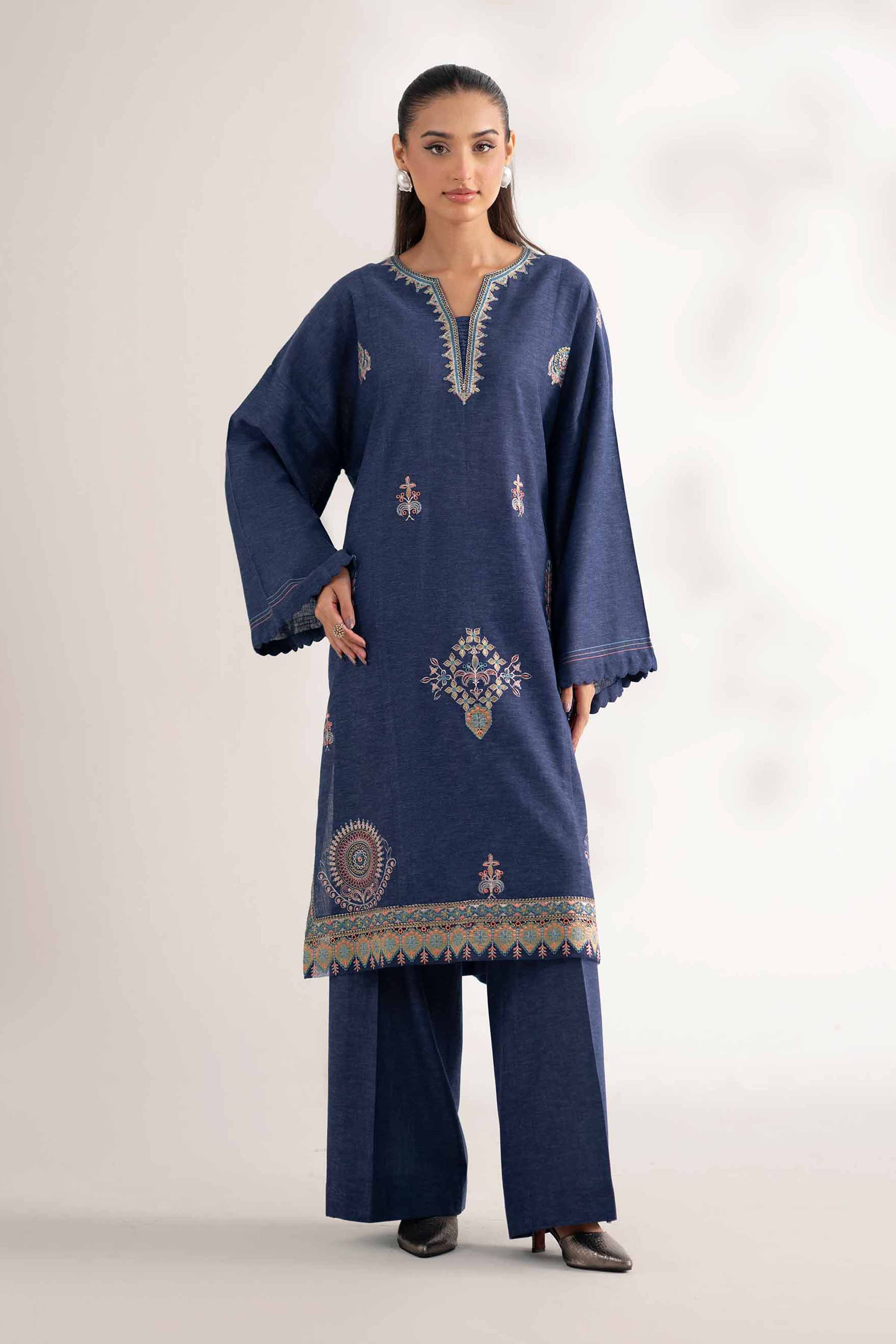 NISHATUAE - Blue Embroidered Cotton 2-piece Unstitched Dress