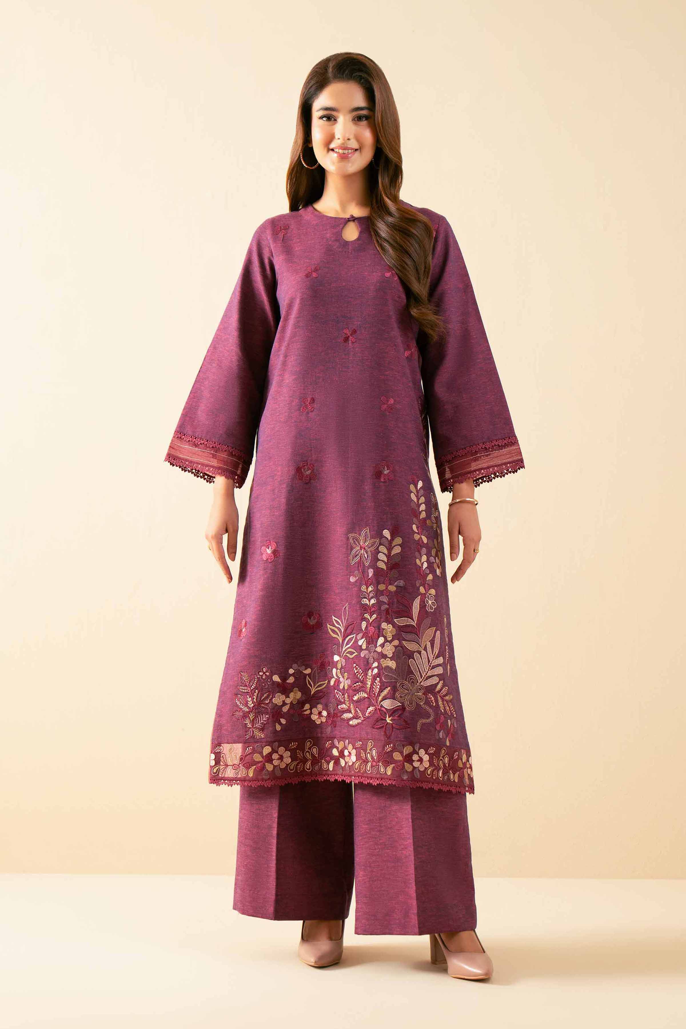 NISHATUAE - Coral Embroidered Linen 2-piece Unstitched Dress