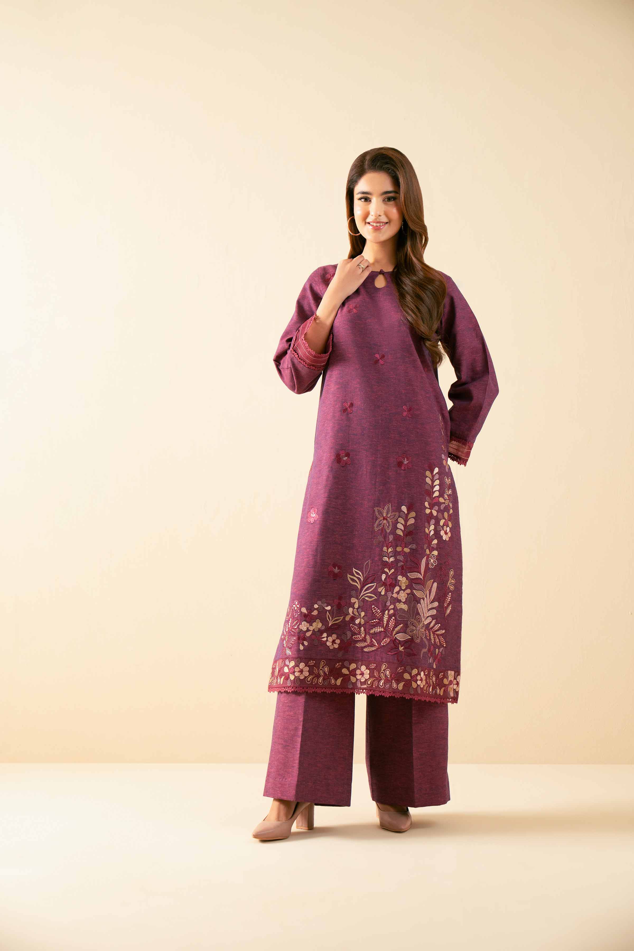 NISHATUAE - Coral Embroidered Linen 2-piece Unstitched Dress
