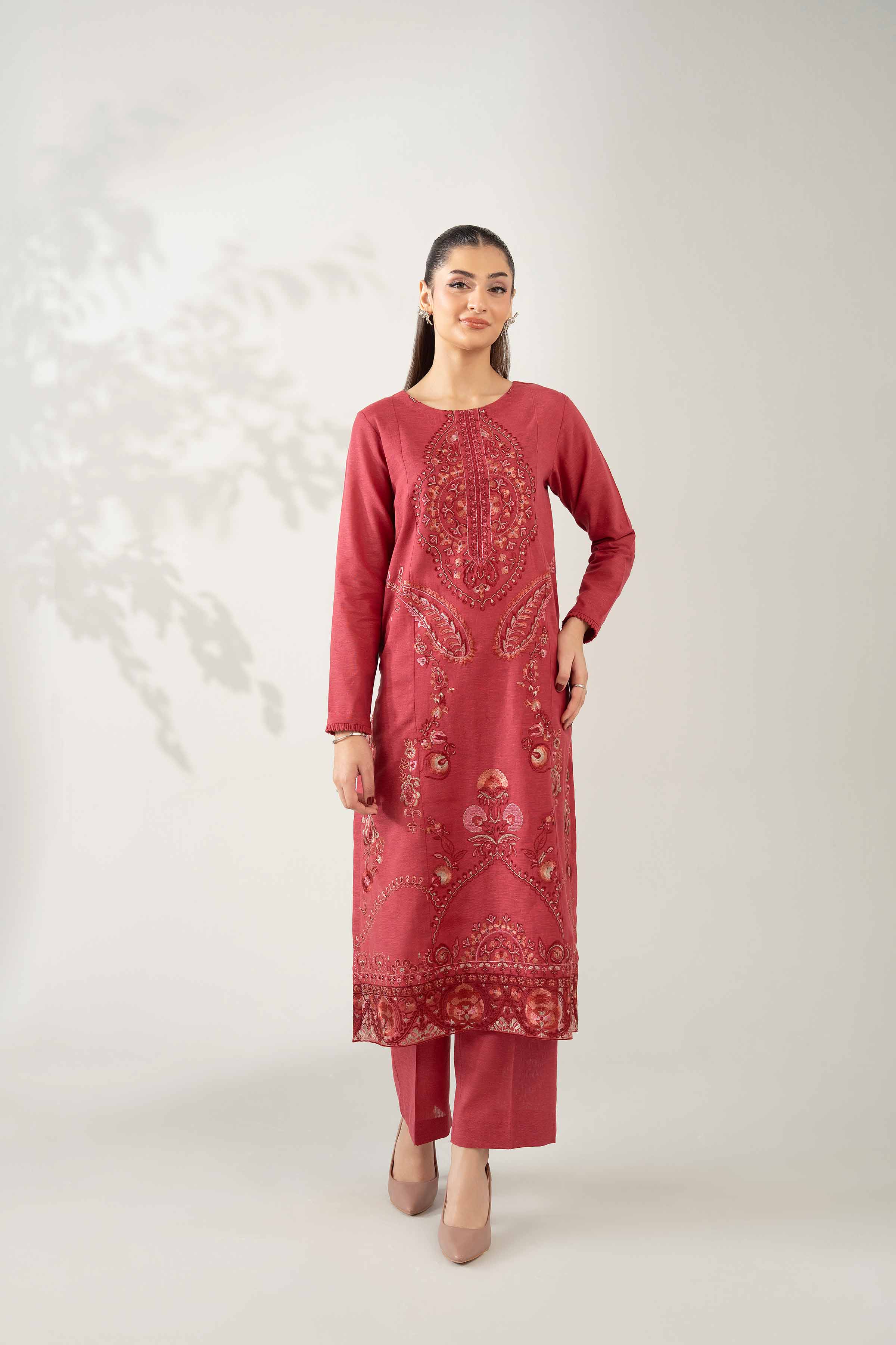 NISHATUAE - Red Embroidered Cotton 2-piece Unstitched Dress