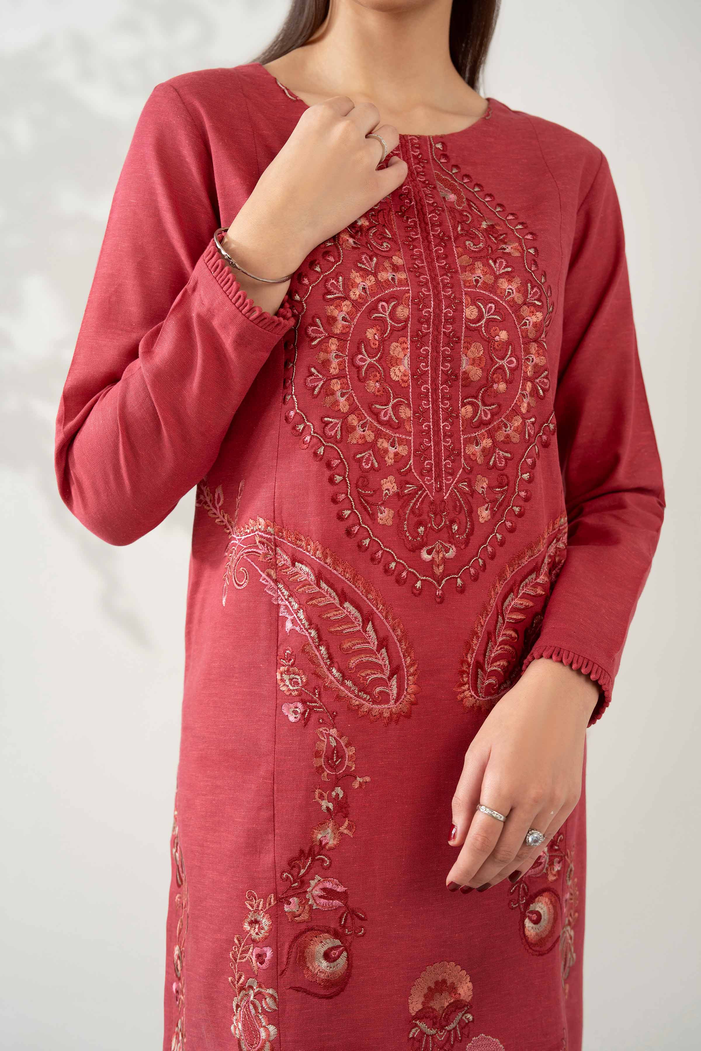 NISHATUAE - Red Embroidered Cotton 2-piece Unstitched Dress