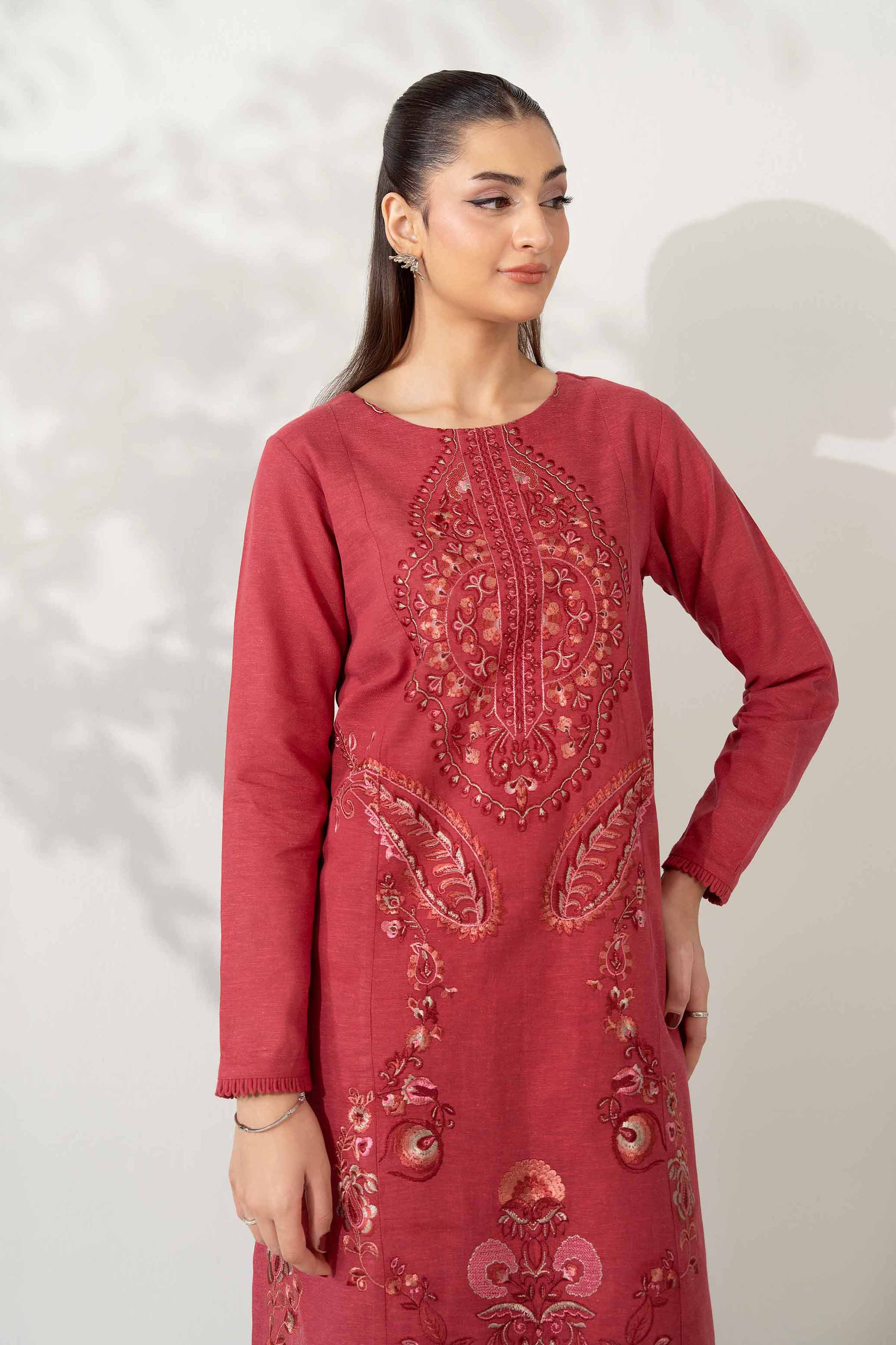 NISHATUAE - Red Embroidered Cotton 2-piece Unstitched Dress