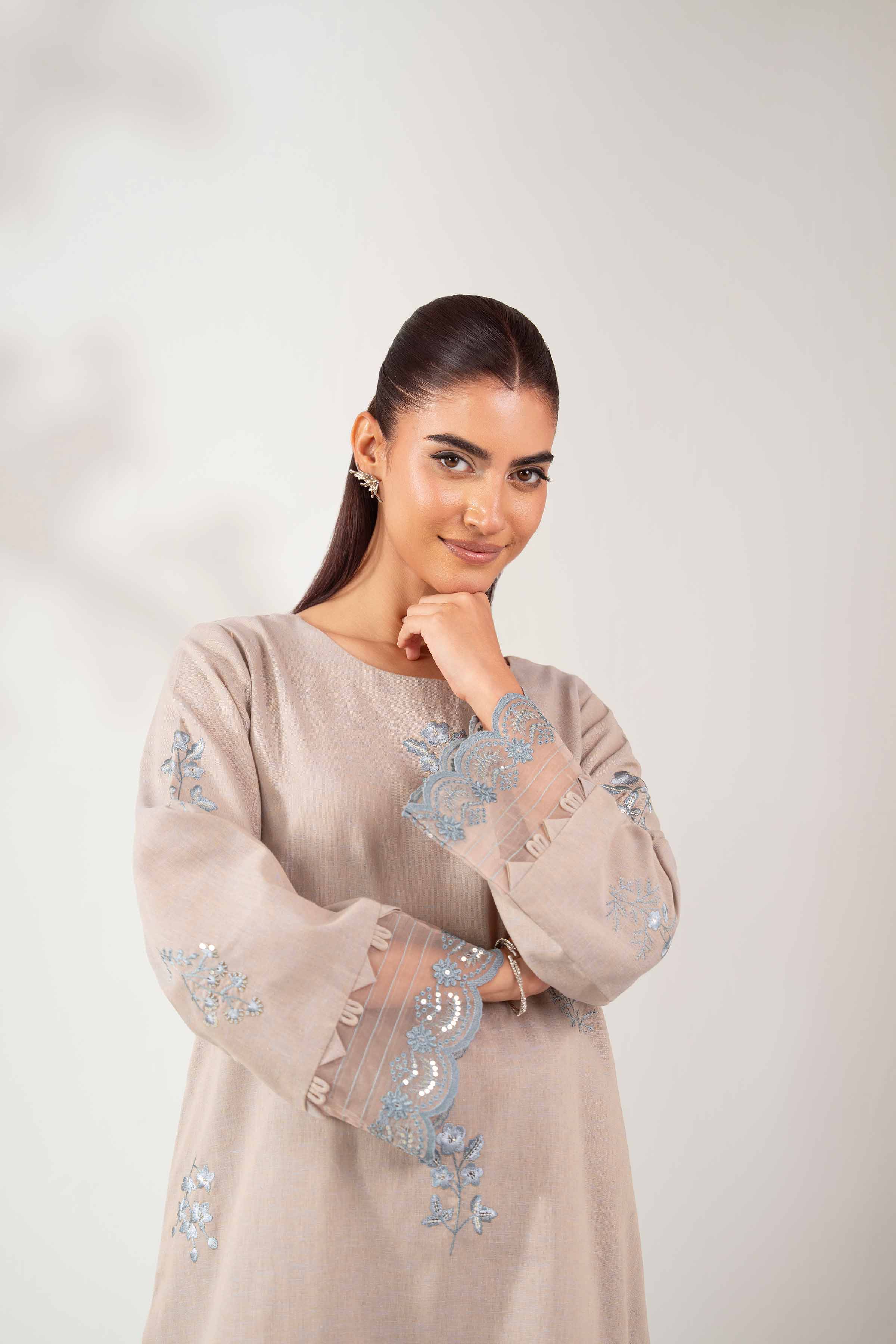 NISHATUAE - Beige Embroidered Cotton 2-piece Unstitched Dress