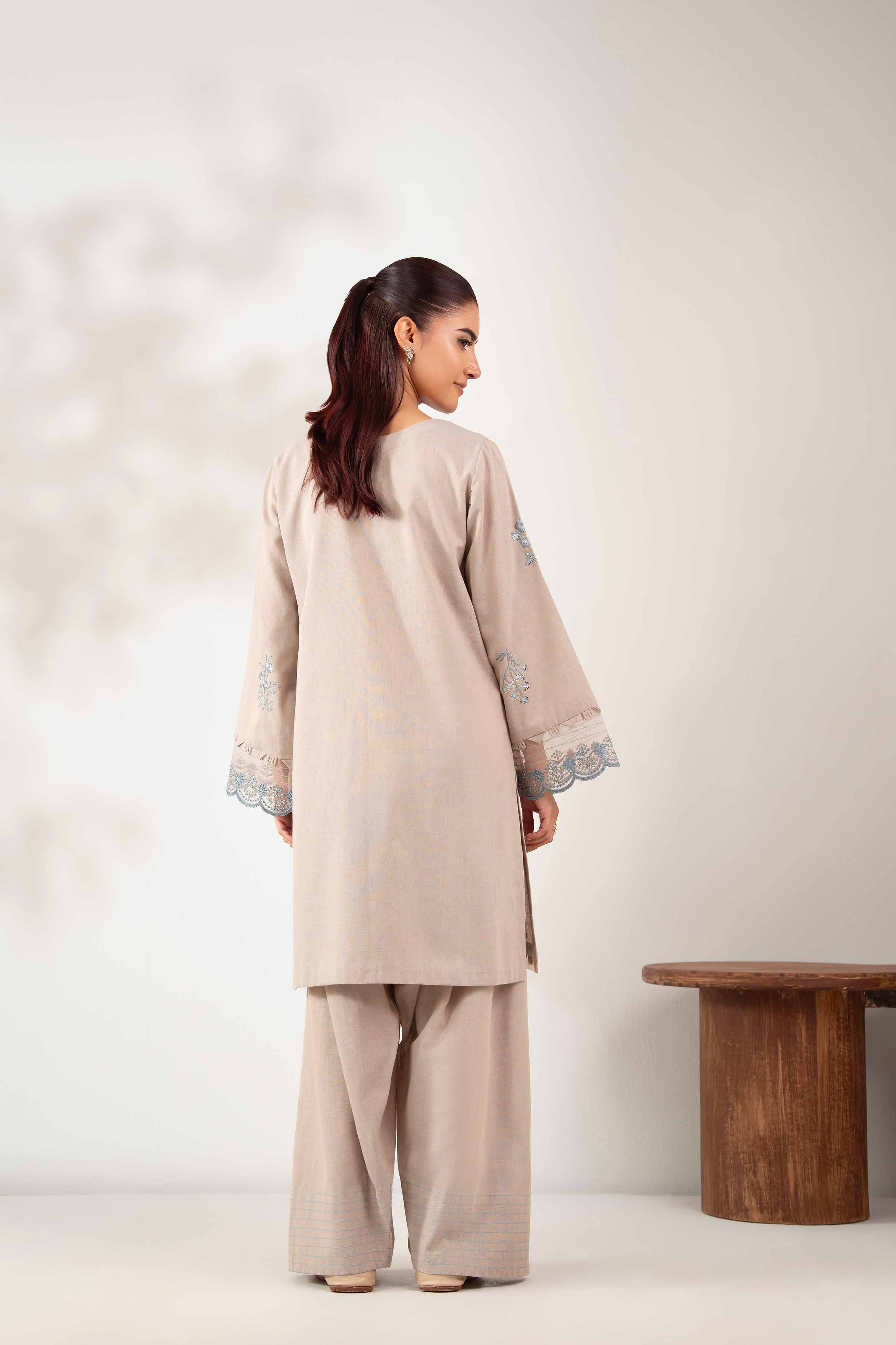 NISHATUAE - Beige Embroidered Cotton 2-piece Unstitched Dress