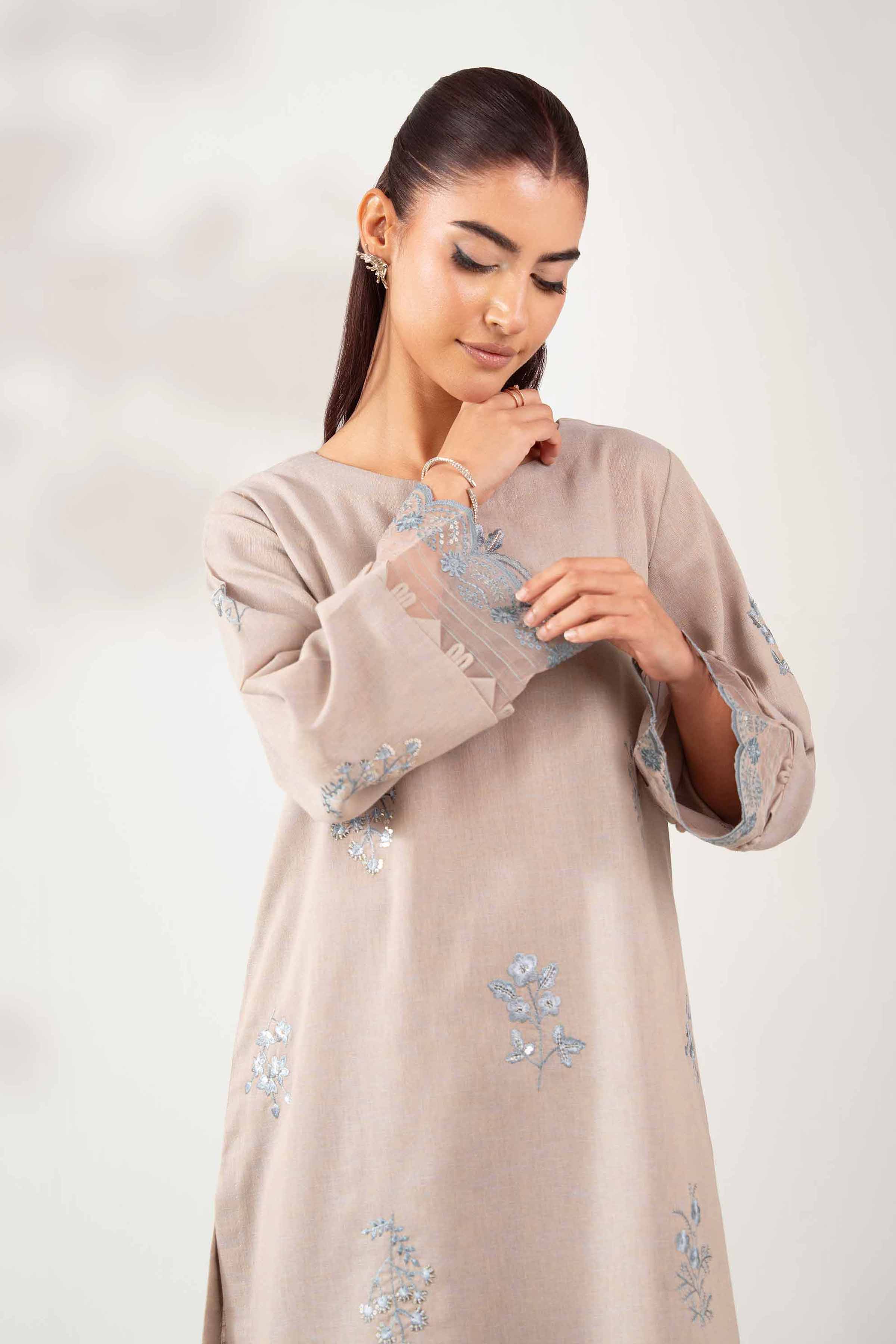 NISHATUAE - Beige Embroidered Cotton 2-piece Unstitched Dress