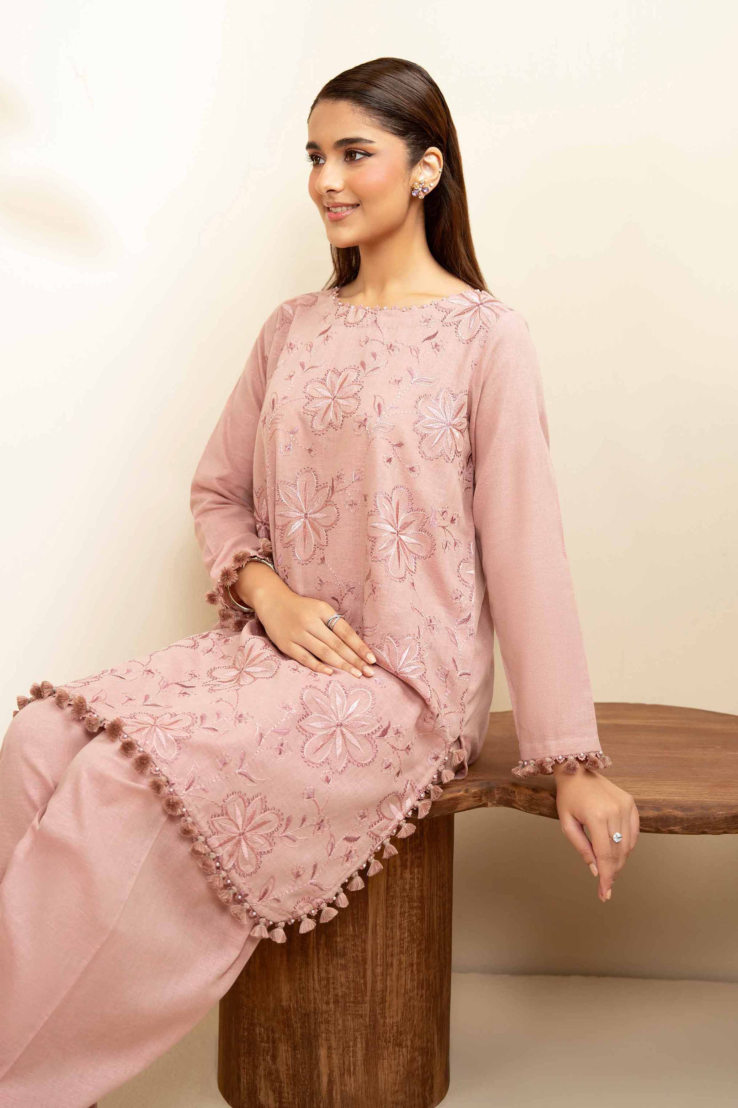 NISHATUAE - Pink Embroidered Linen 2-piece Unstitched Dress
