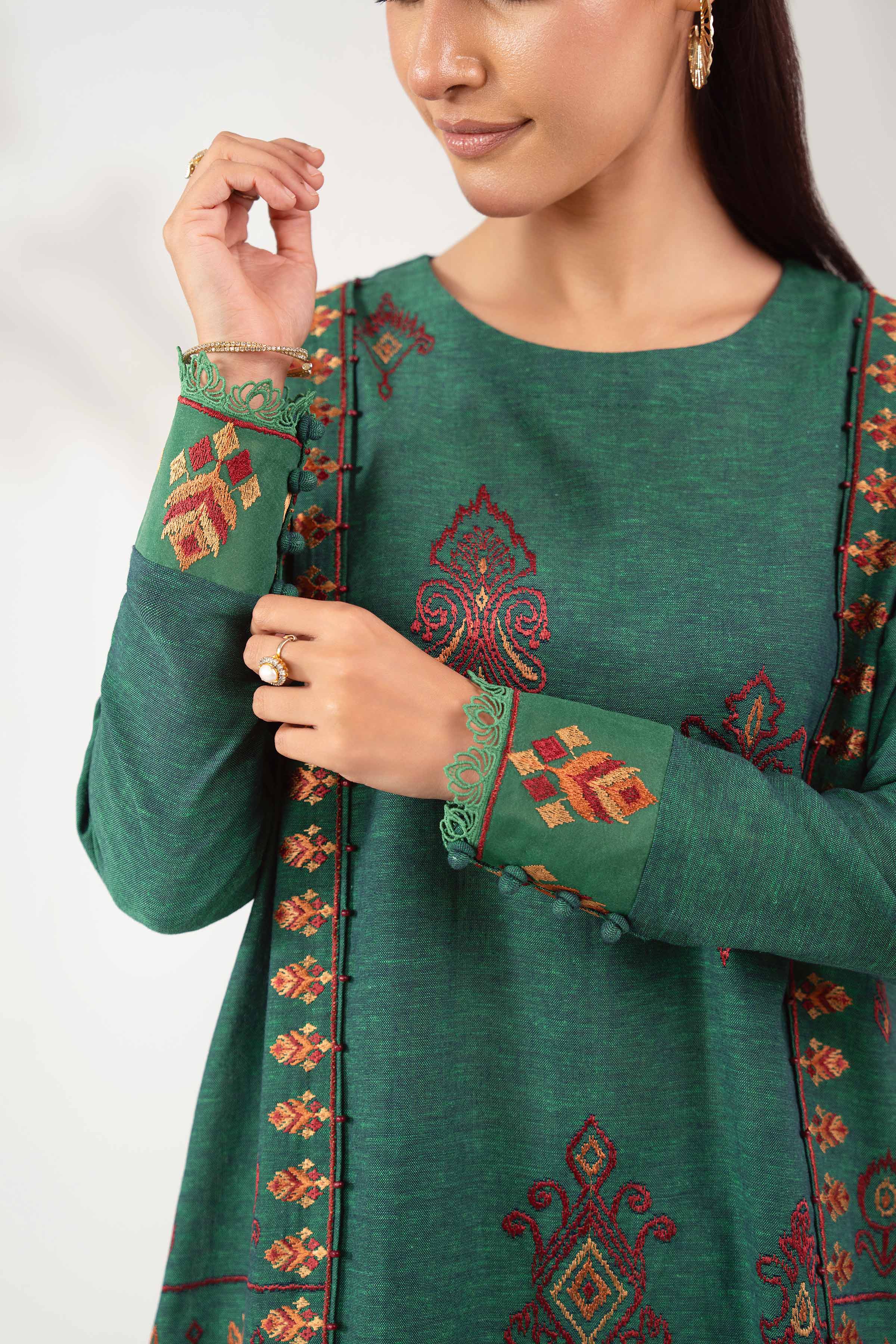 NISHATUAE - Green Embroidered Cotton 2-piece Unstitched Dress