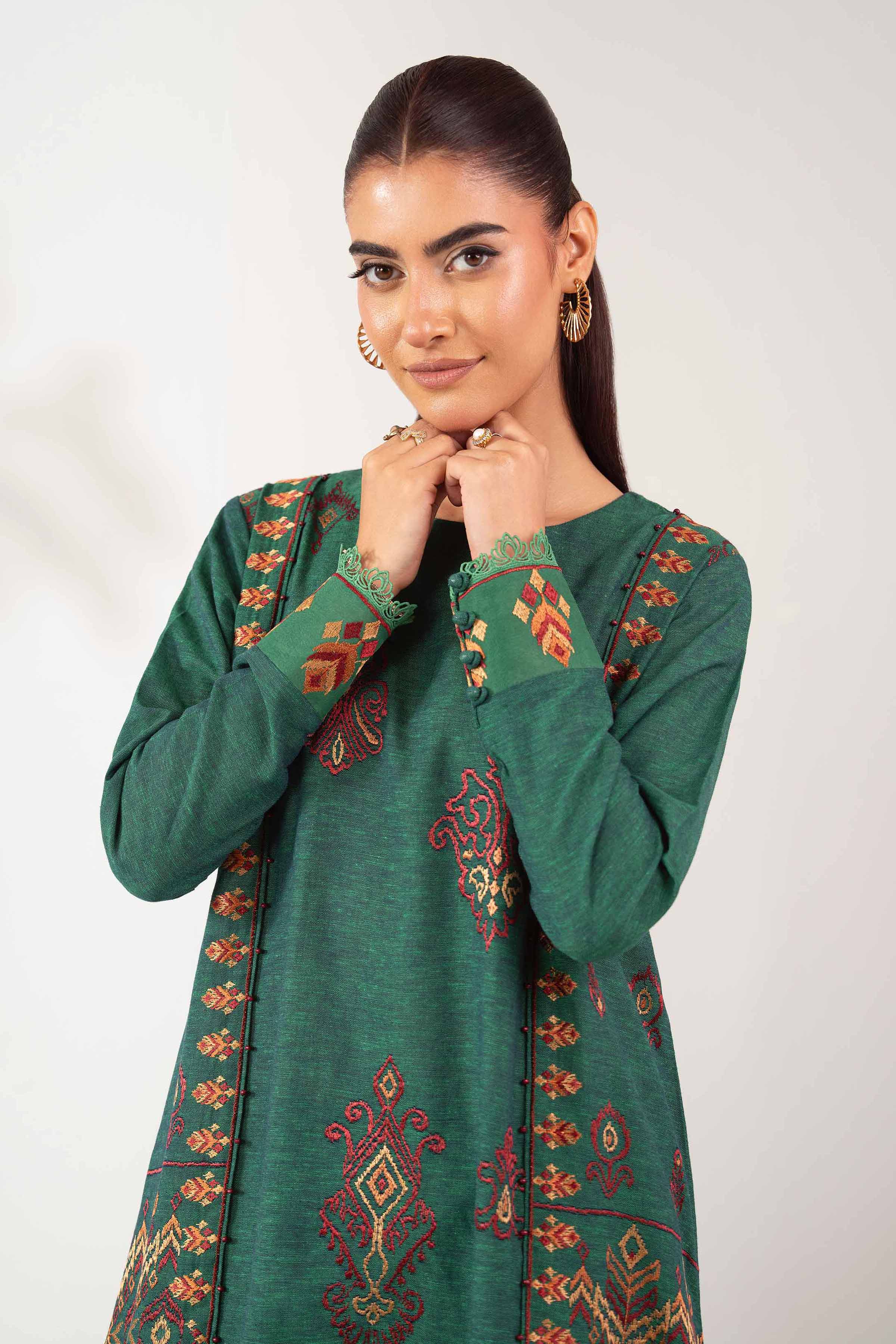 NISHATUAE - Green Embroidered Cotton 2-piece Unstitched Dress