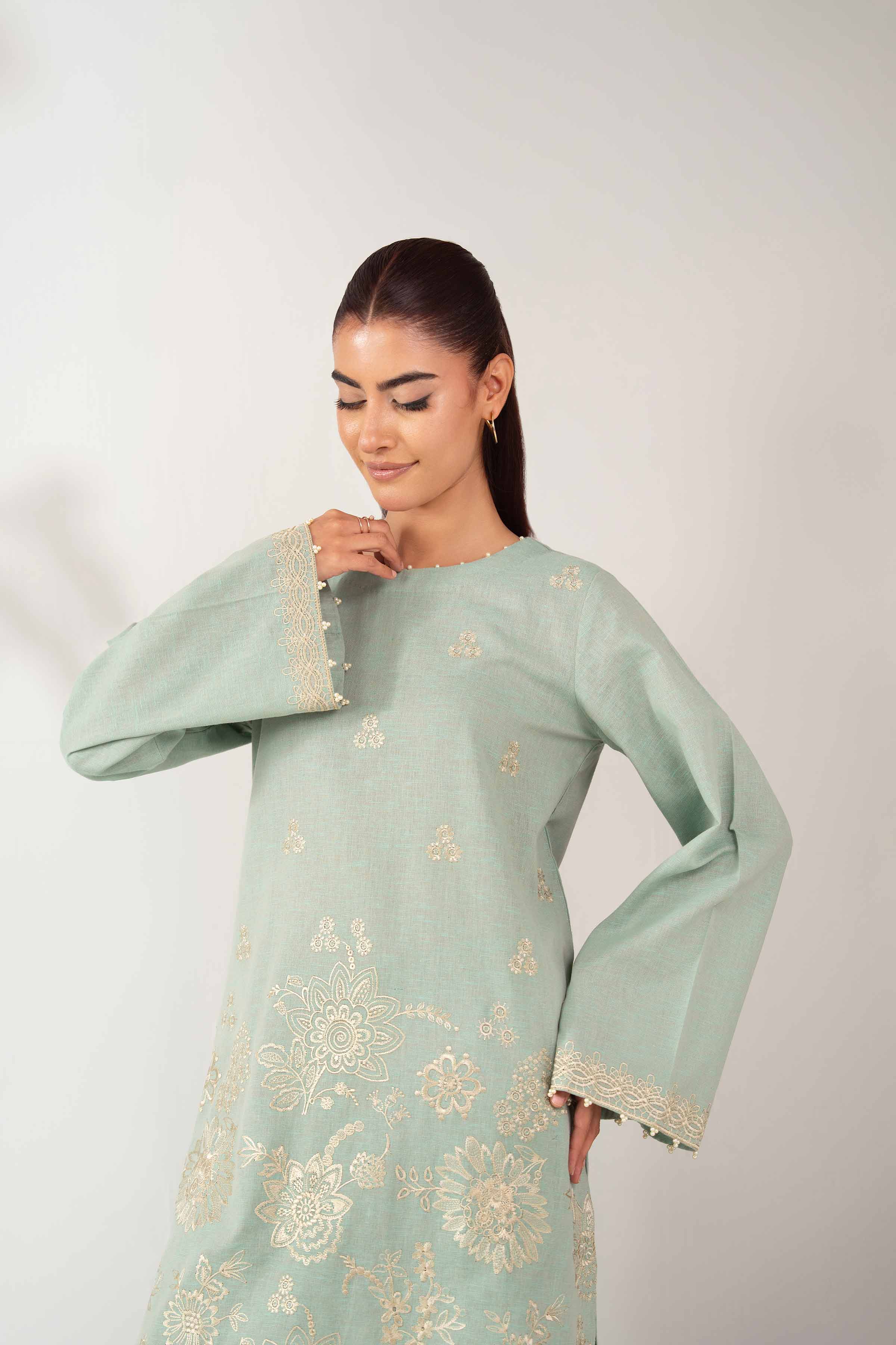 NISHATUAE - Green Embroidered Cotton 2-piece Unstitched Dress