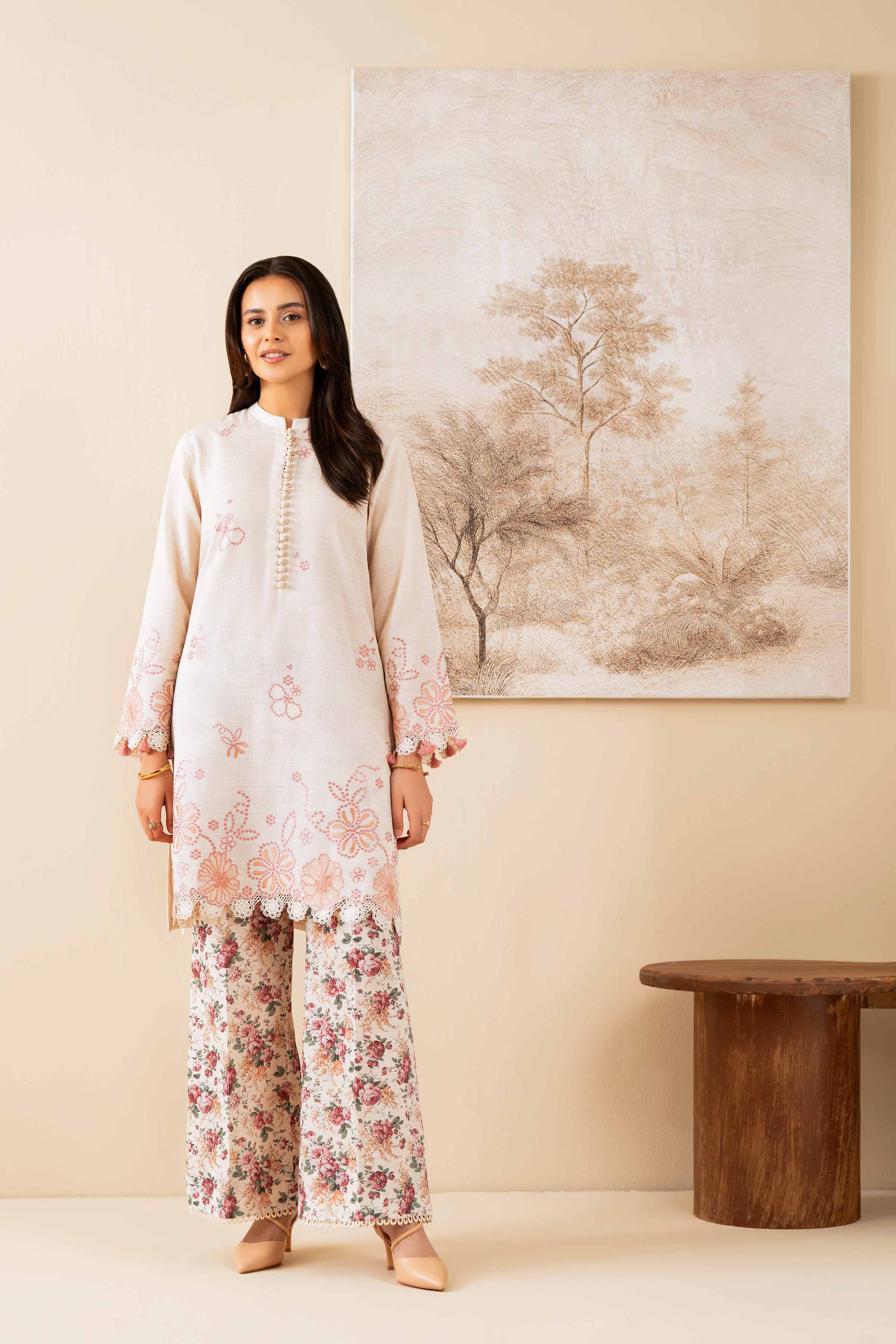 NISHATUAE - Beige Embroidered Khaddar 2-piece Unstitched Dress