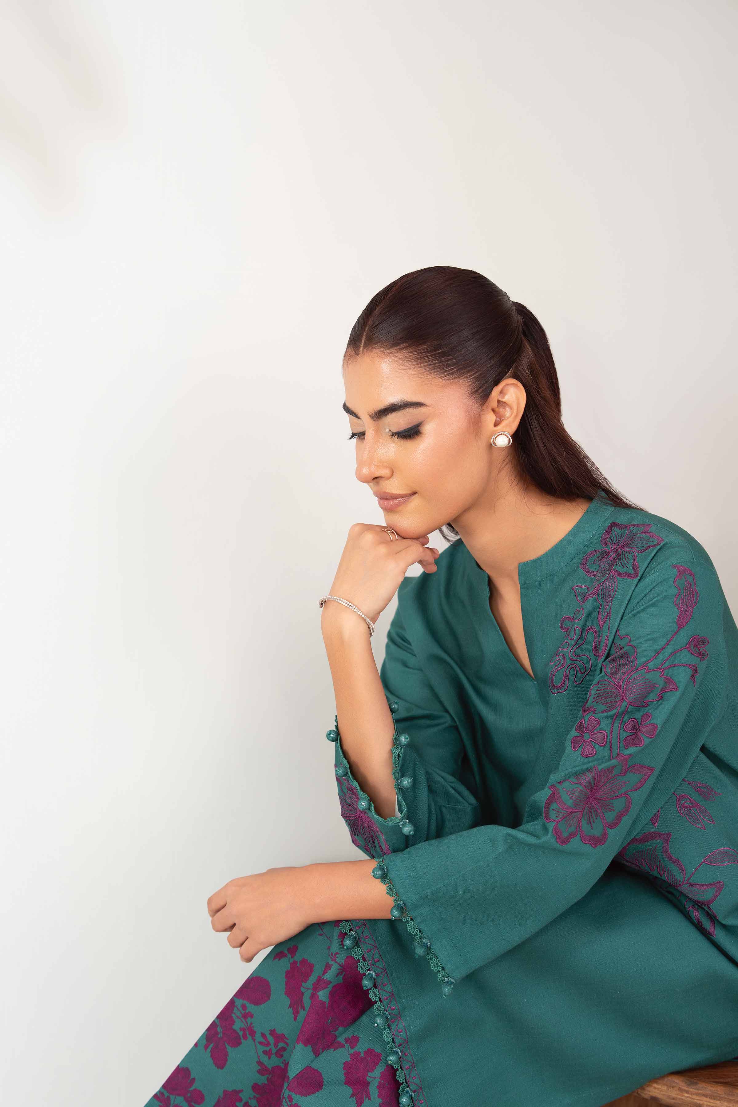 NISHATUAE - Green Embroidered Khaddar 2-piece Unstitched Dress
