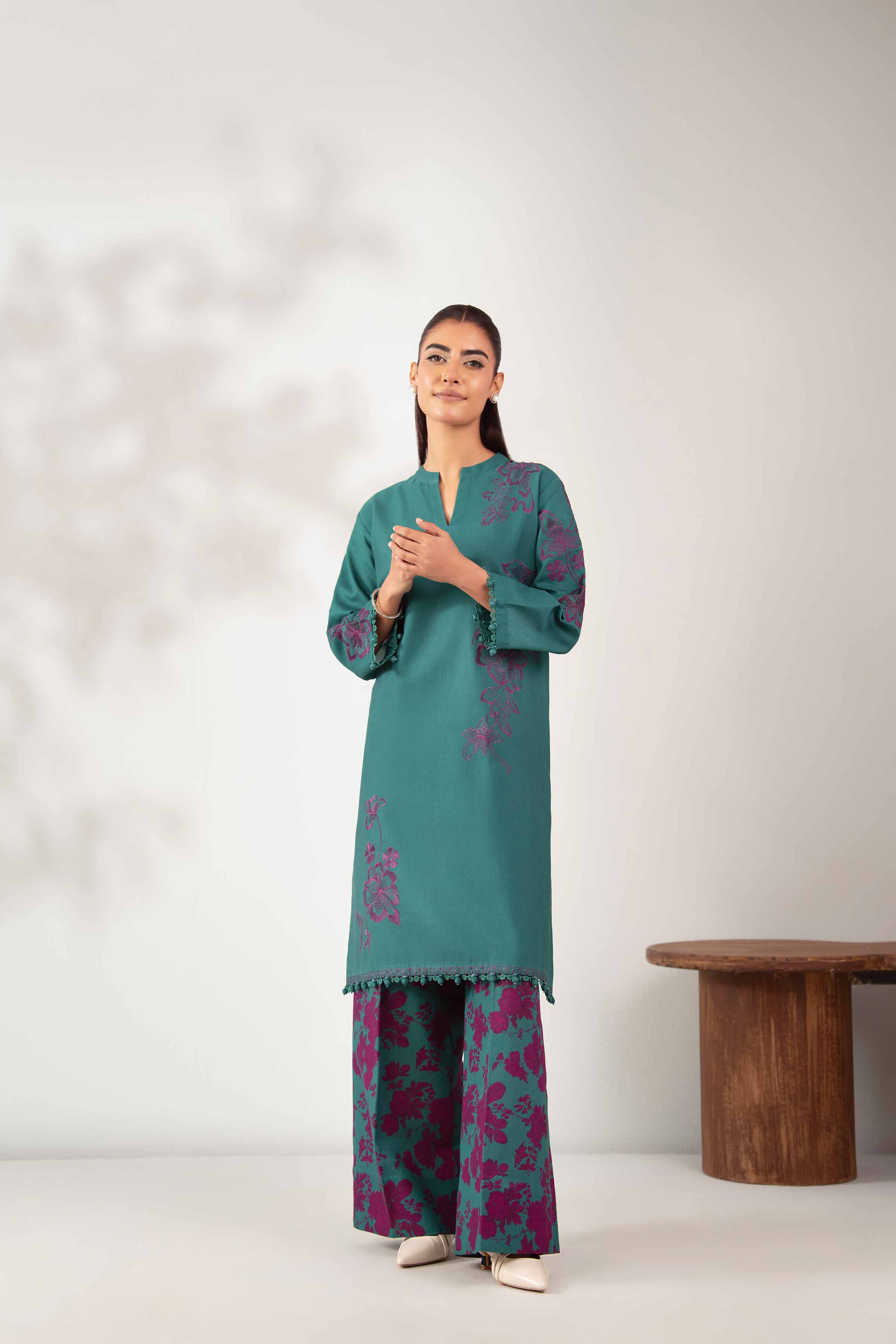 NISHATUAE - Green Embroidered Khaddar 2-piece Unstitched Dress