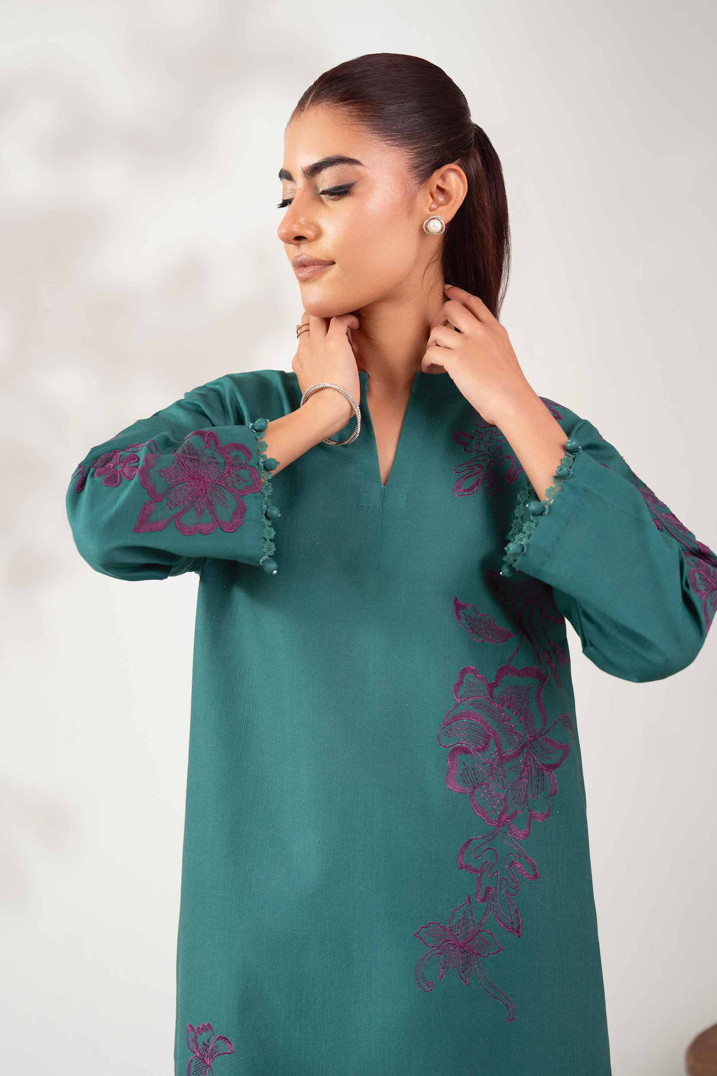 NISHATUAE - Green Embroidered Khaddar 2-piece Unstitched Dress