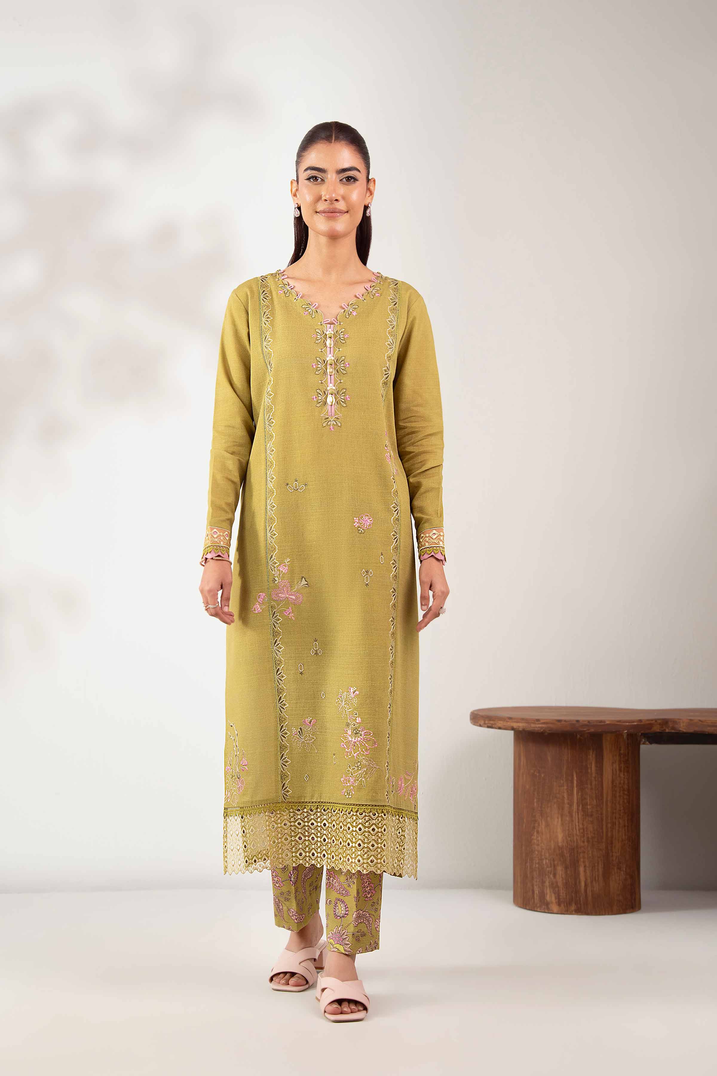 NISHATUAE - Green Embroidered Khaddar 2-piece Unstitched Dress
