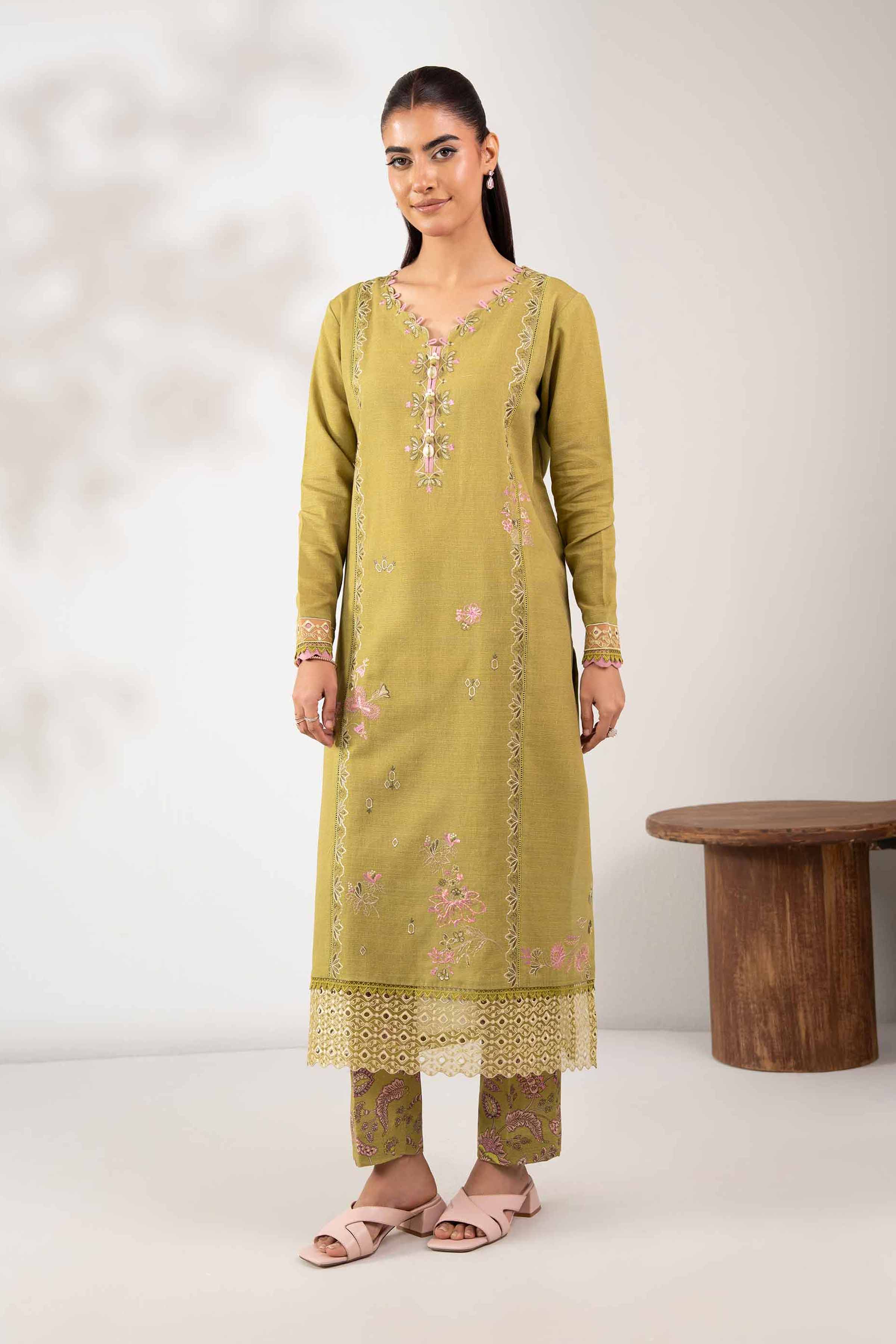 NISHATUAE - Green Embroidered Khaddar 2-piece Unstitched Dress