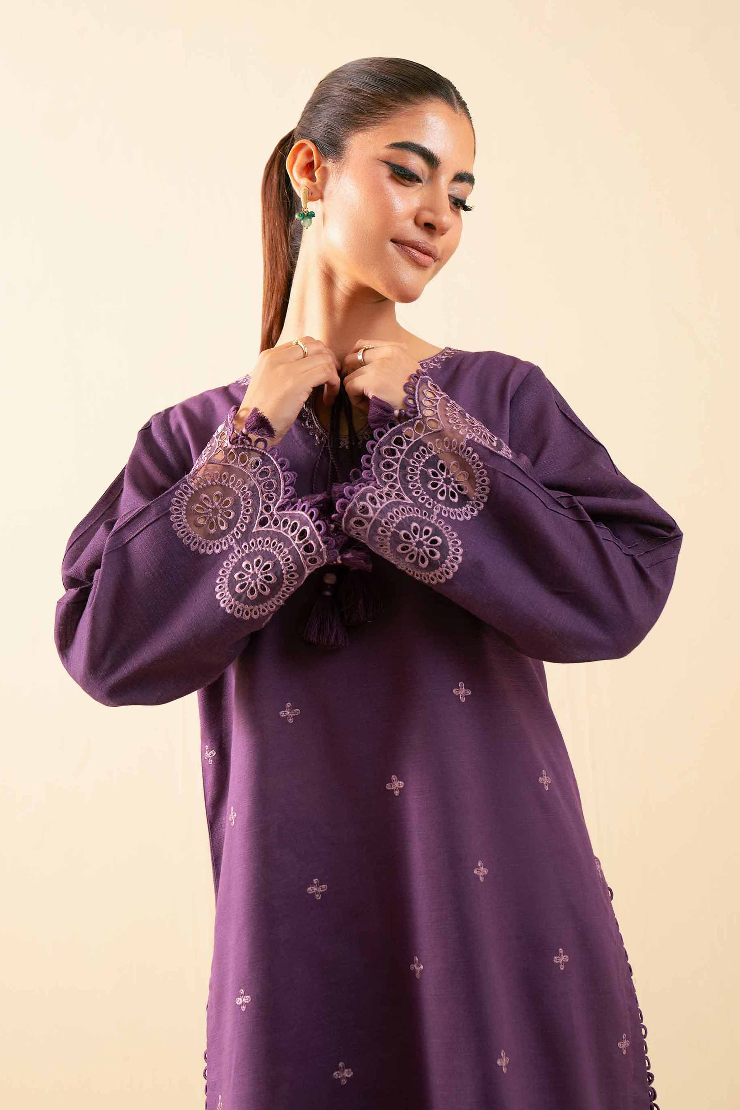 NISHATUAE - Purple Embroidered Khaddar 2-piece Unstitched Dress