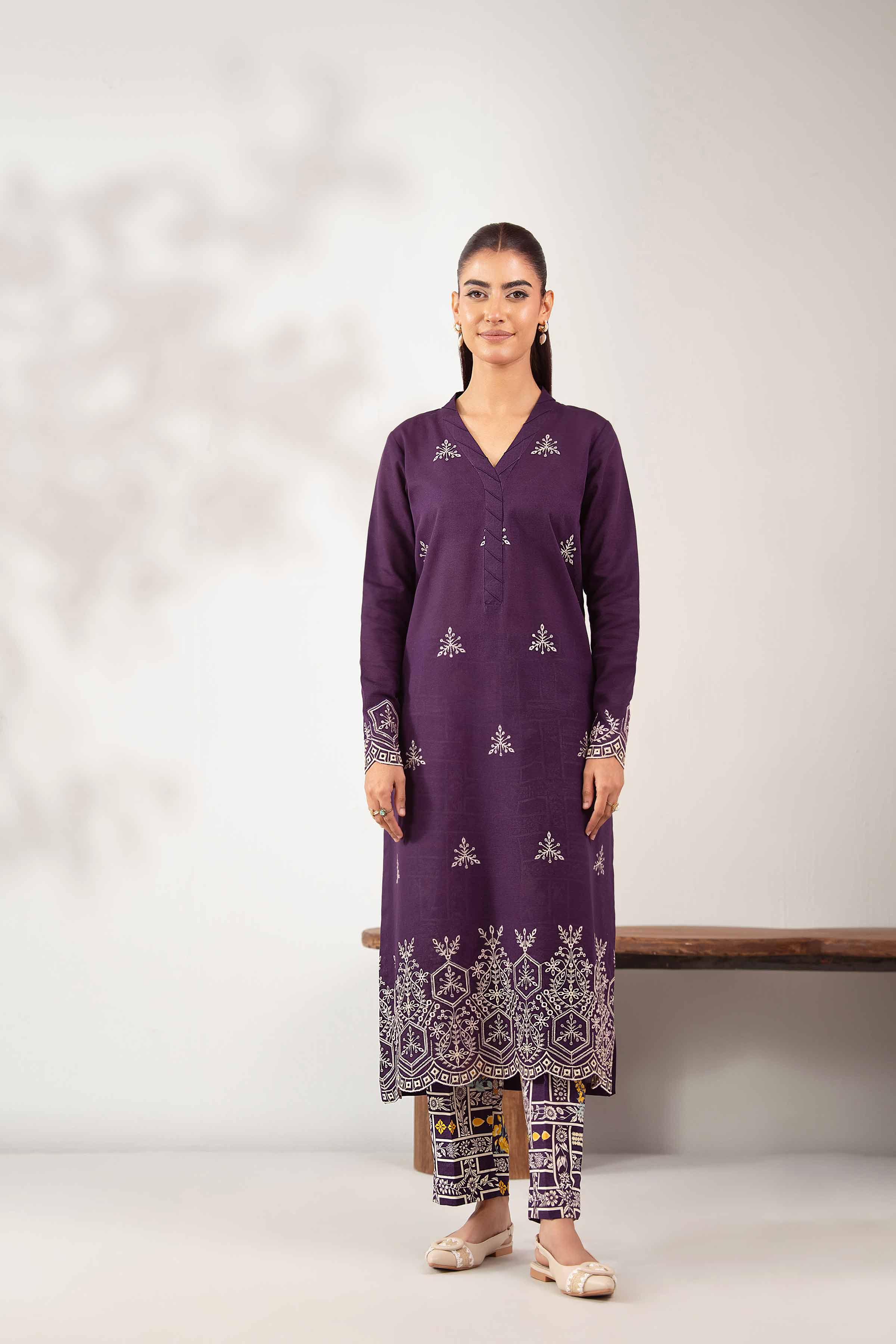 NISHATUAE - Purple Embroidered Khaddar 2-piece Unstitched Dress