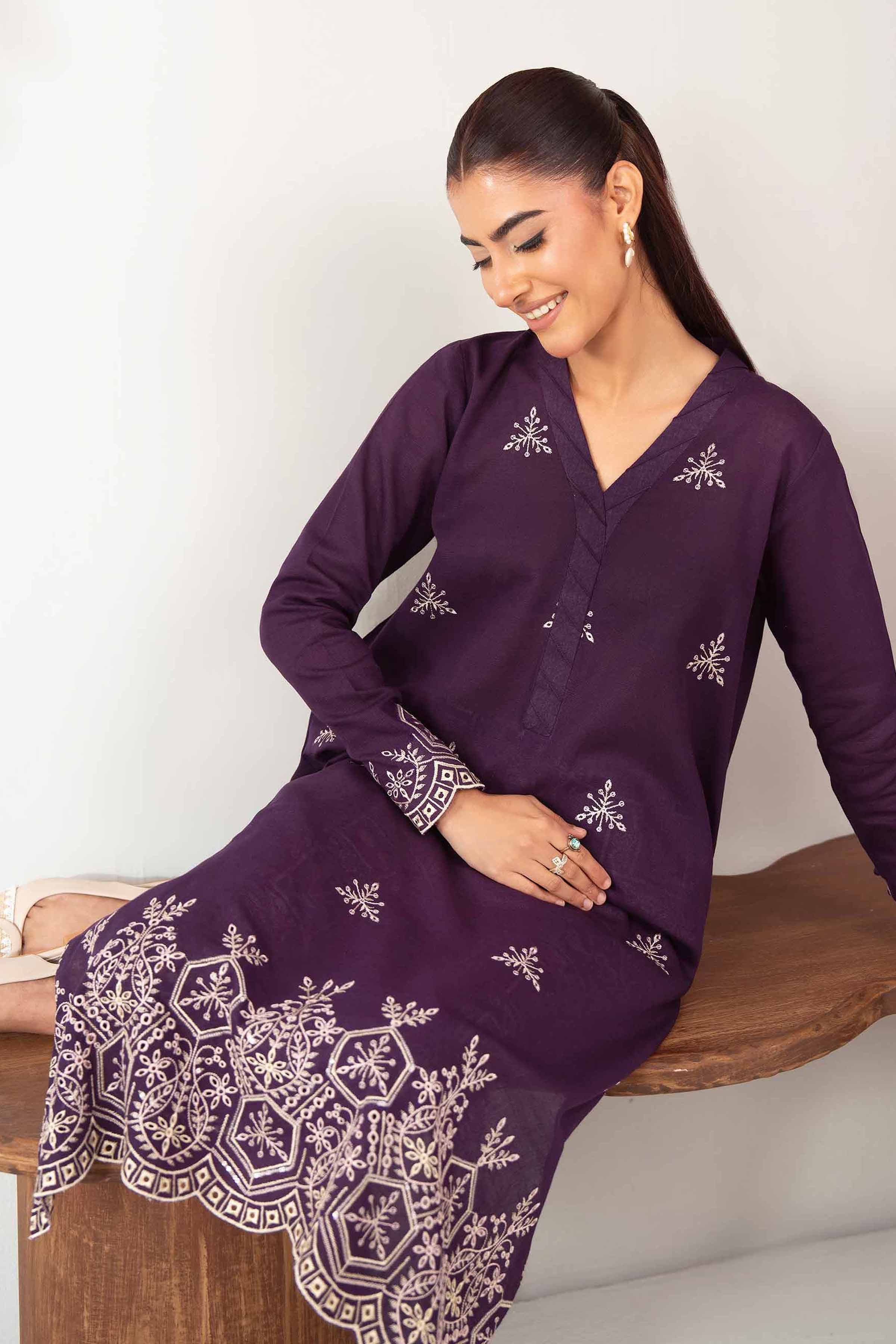 NISHATUAE - Purple Embroidered Khaddar 2-piece Unstitched Dress