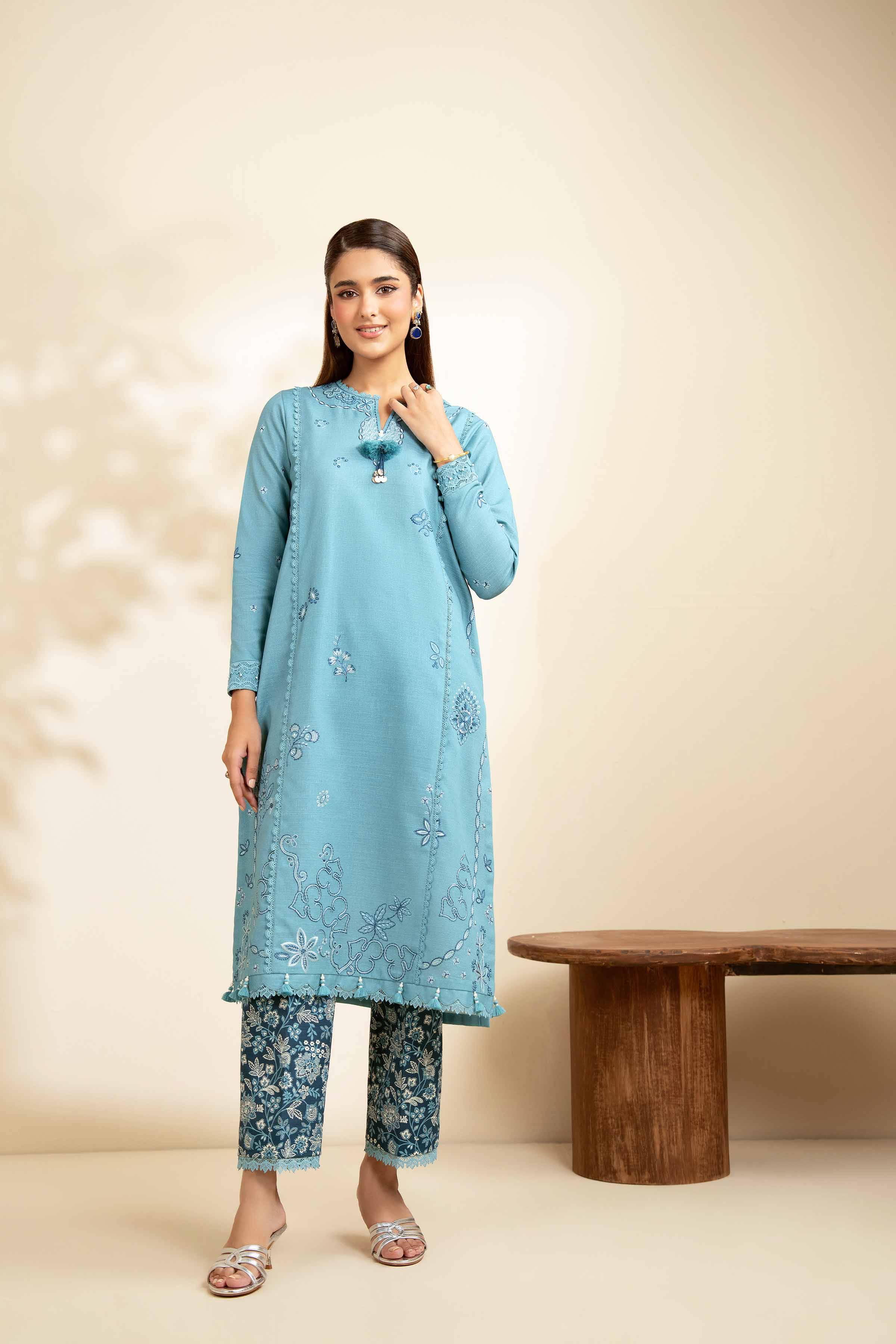 NISHATUAE - Seafoam Embroidered Khaddar 2-piece Unstitched Dress
