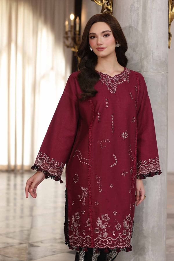 NISHATUAE - Maroon Embroidered Khaddar 2-piece Unstitched Dress