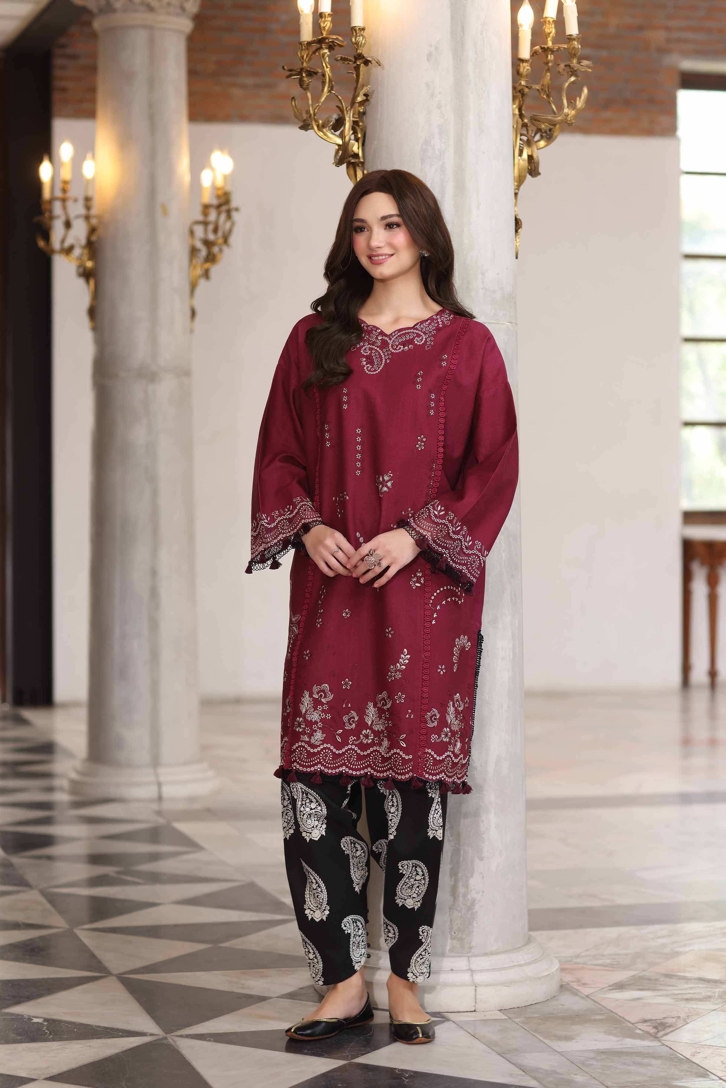 NISHATUAE - Maroon Embroidered Khaddar 2-piece Unstitched Dress