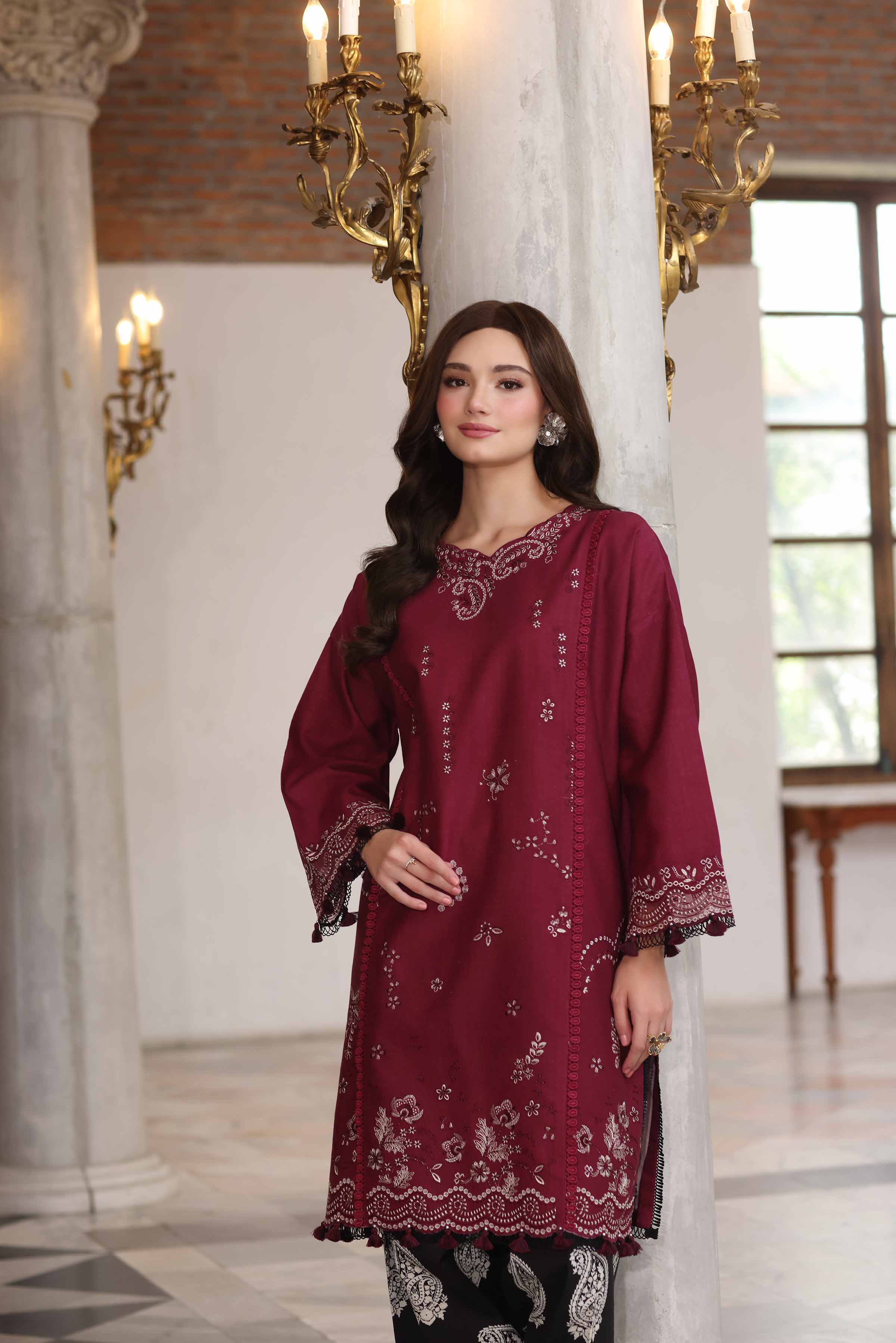 NISHATUAE - Maroon Embroidered Khaddar 2-piece Unstitched Dress
