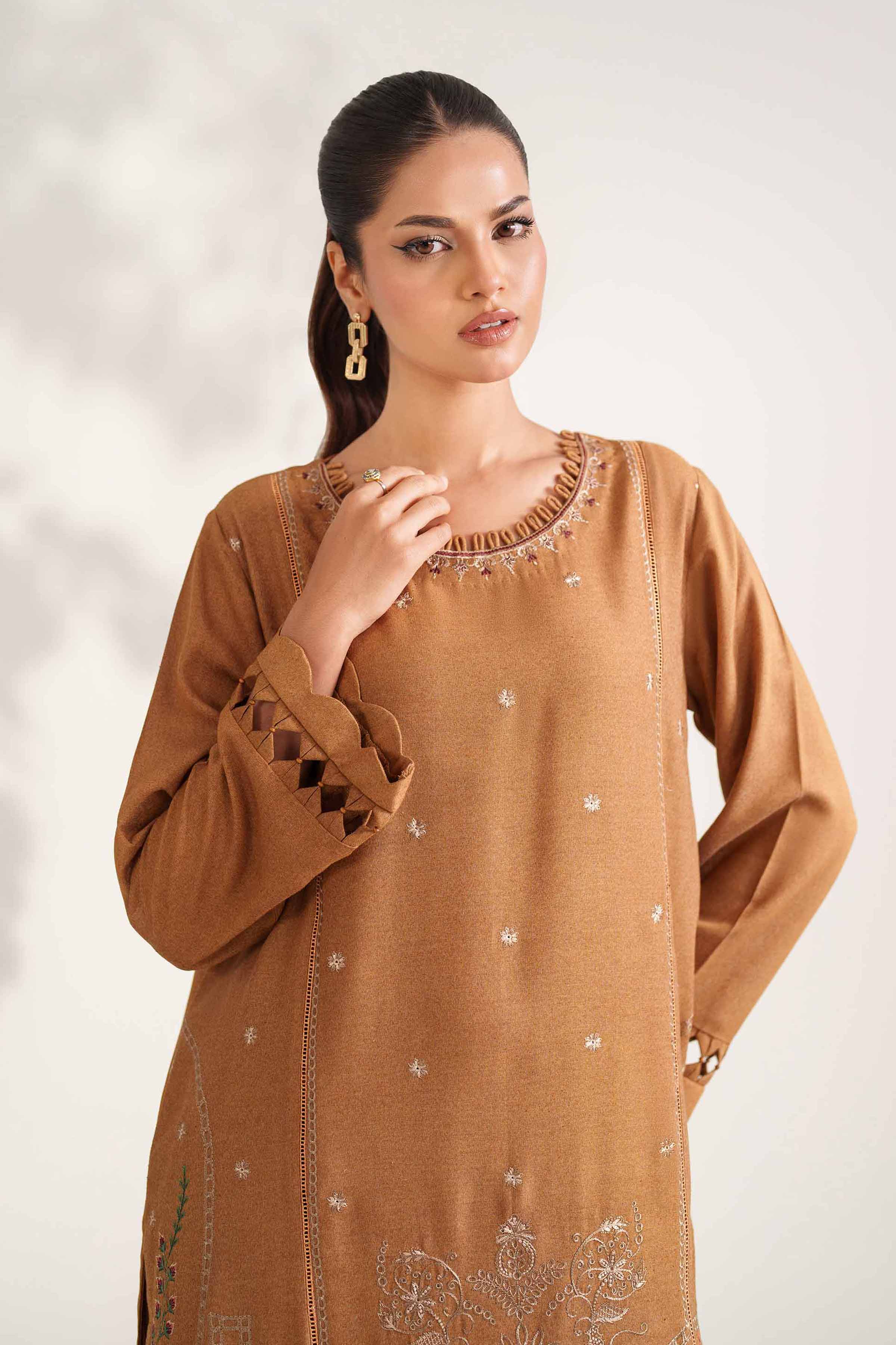 NISHATUAE - Mustard Embroidered Karandi 2-piece Unstitched Dress