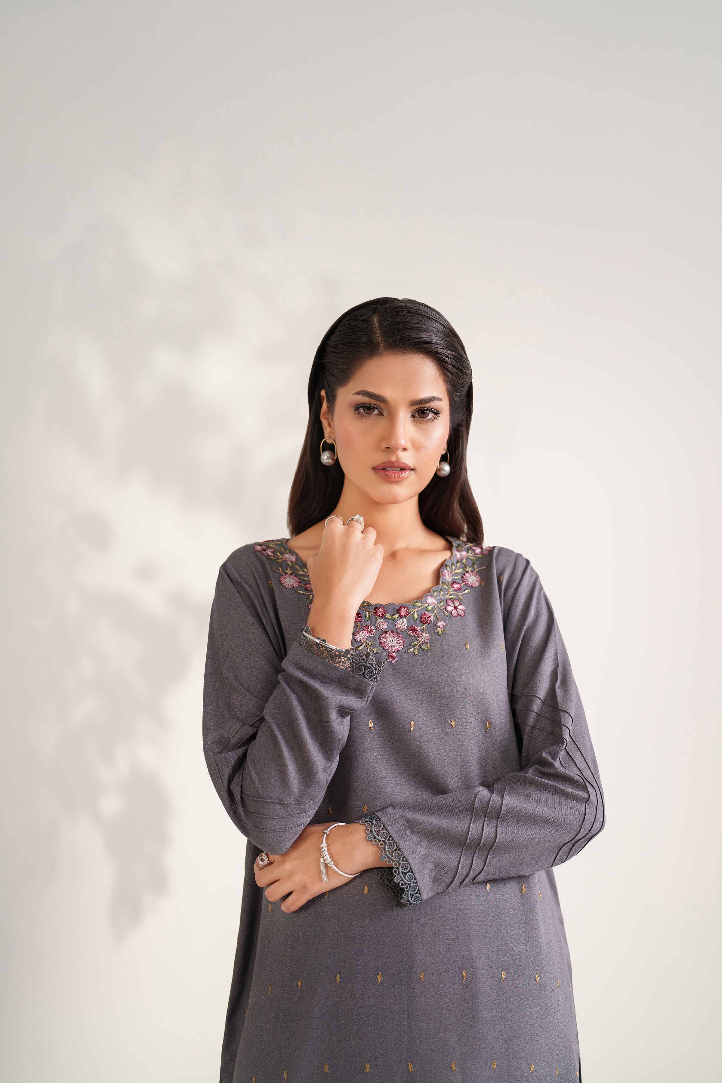 NISHATUAE - Grey Embroidered Karandi 2-piece Unstitched Dress
