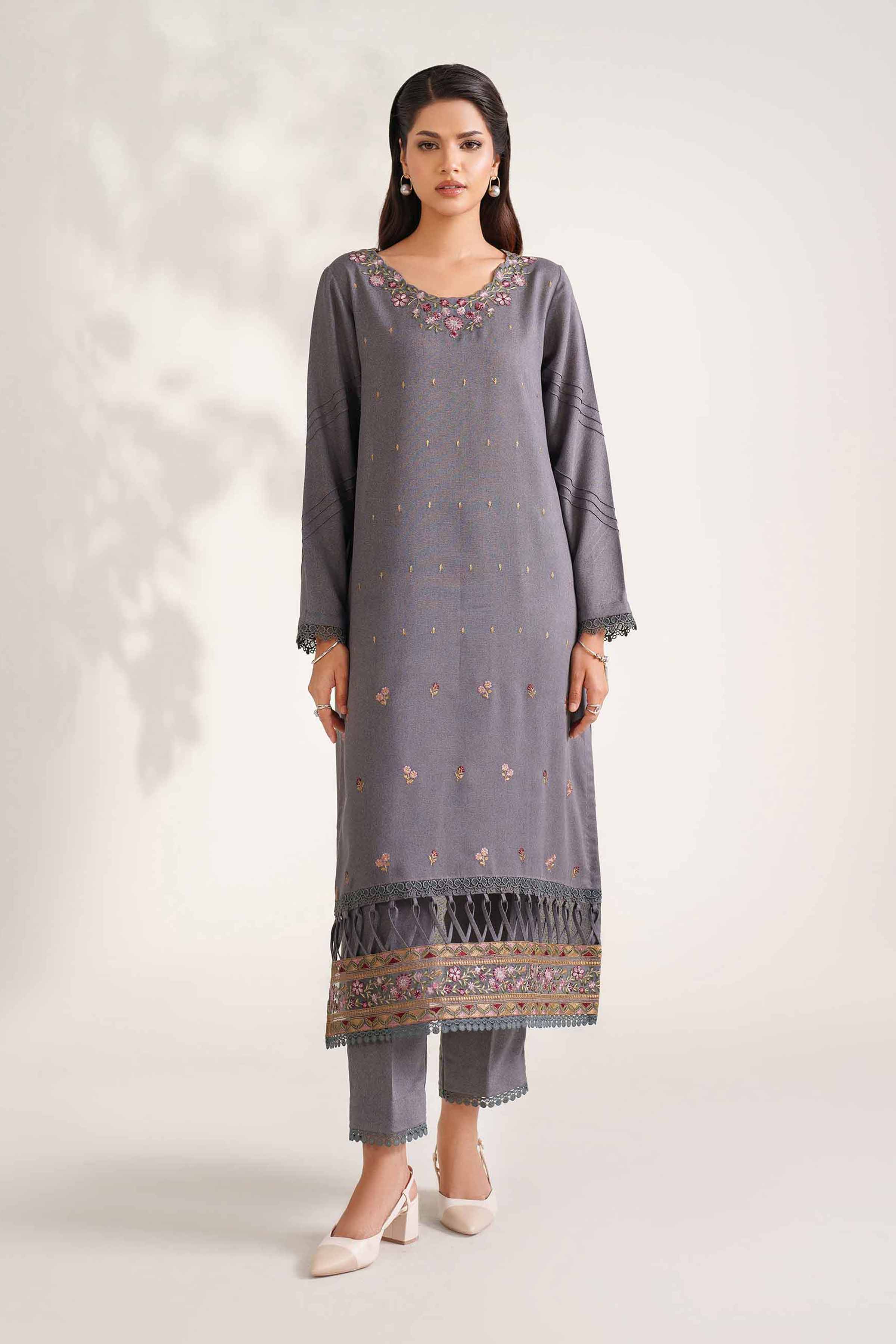 NISHATUAE - Grey Embroidered Karandi 2-piece Unstitched Dress