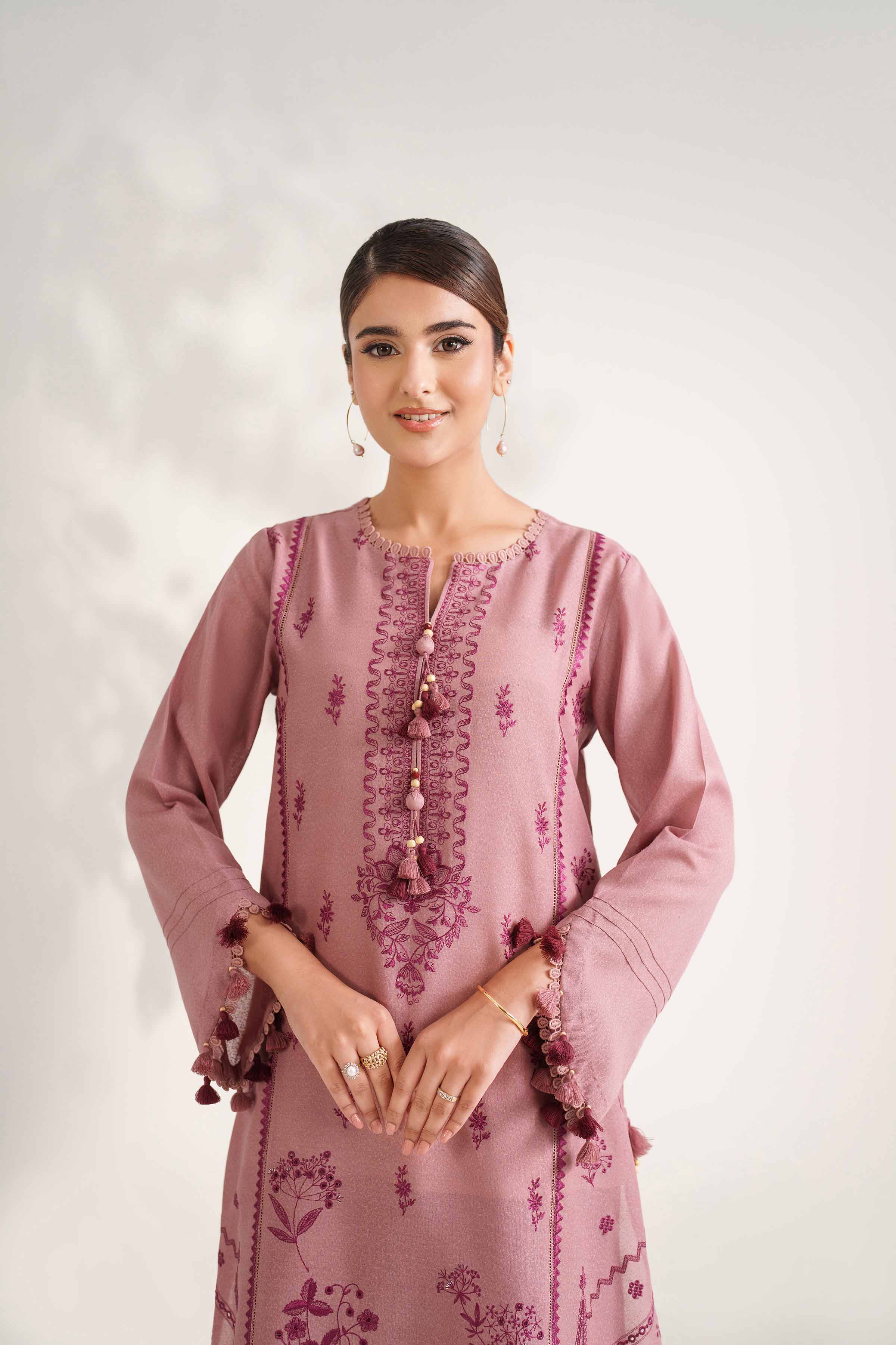 NISHATUAE - Pink Embroidered Karandi 2-piece Unstitched Dress