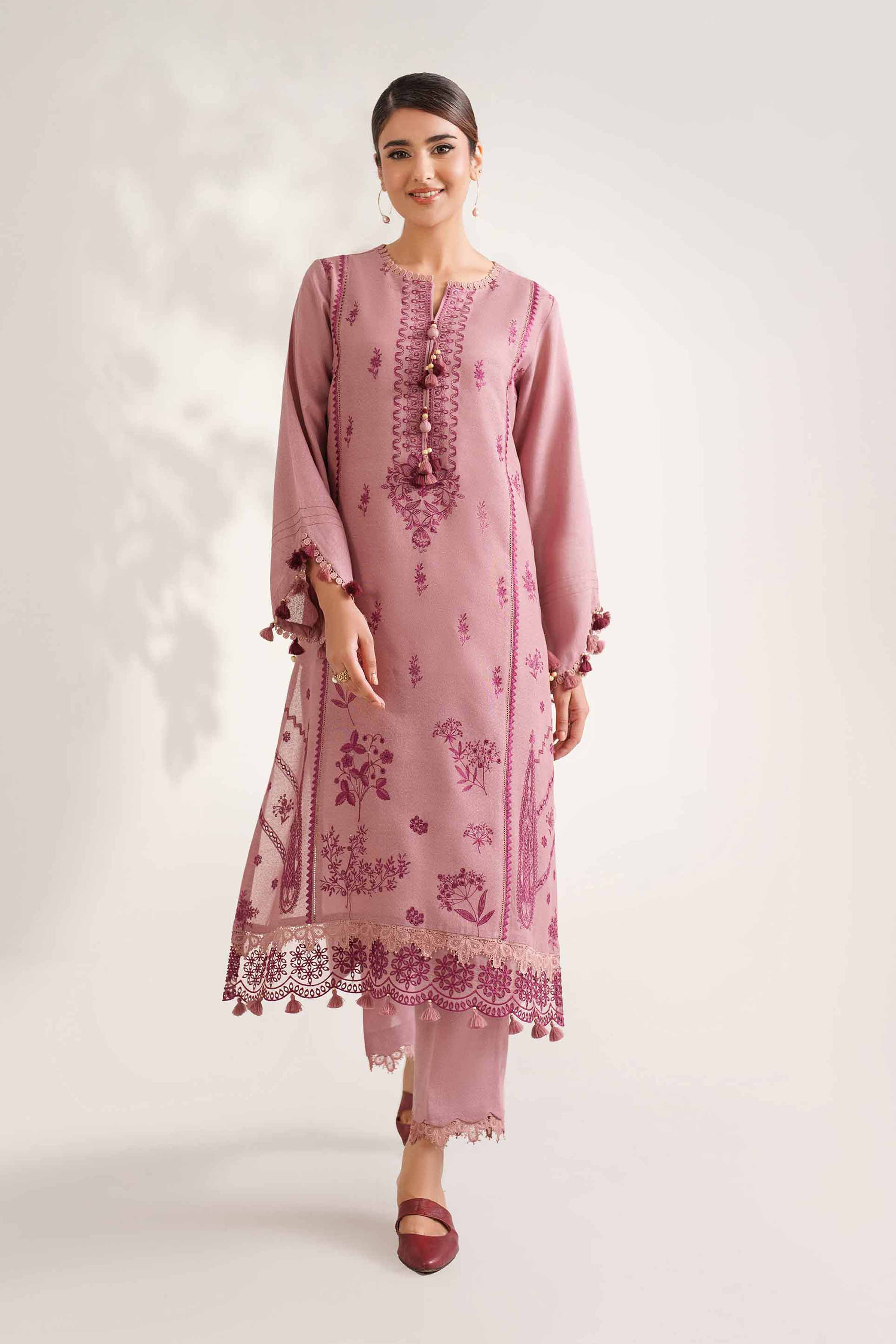 NISHATUAE - Pink Embroidered Karandi 2-piece Unstitched Dress
