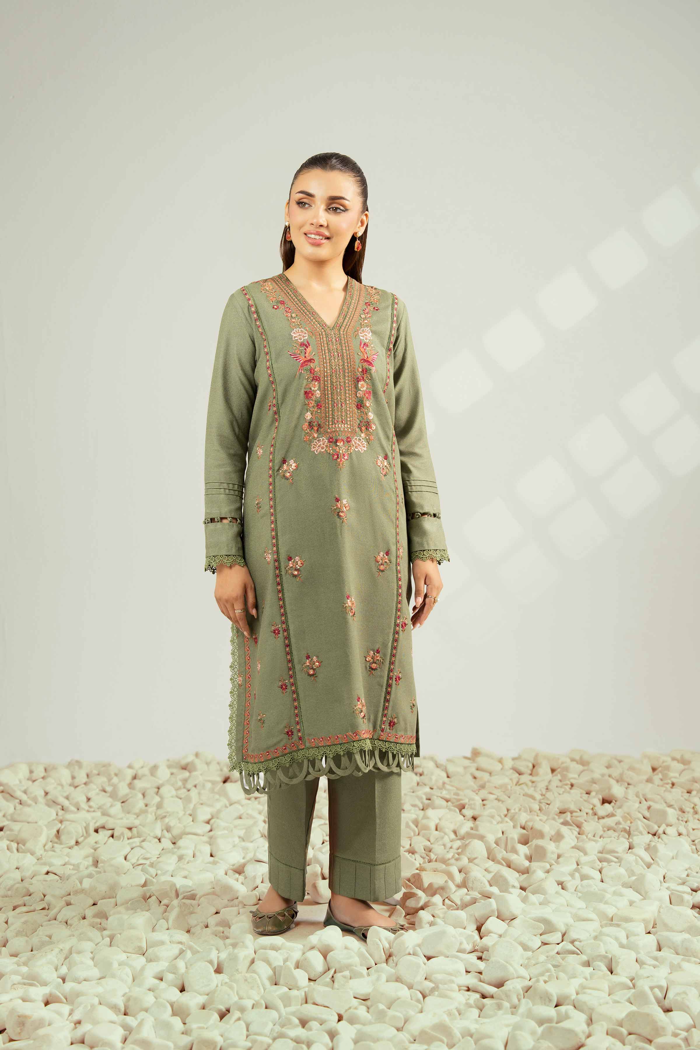 NISHATUAE - Green Embroidered Karandi 2-piece Unstitched Dress