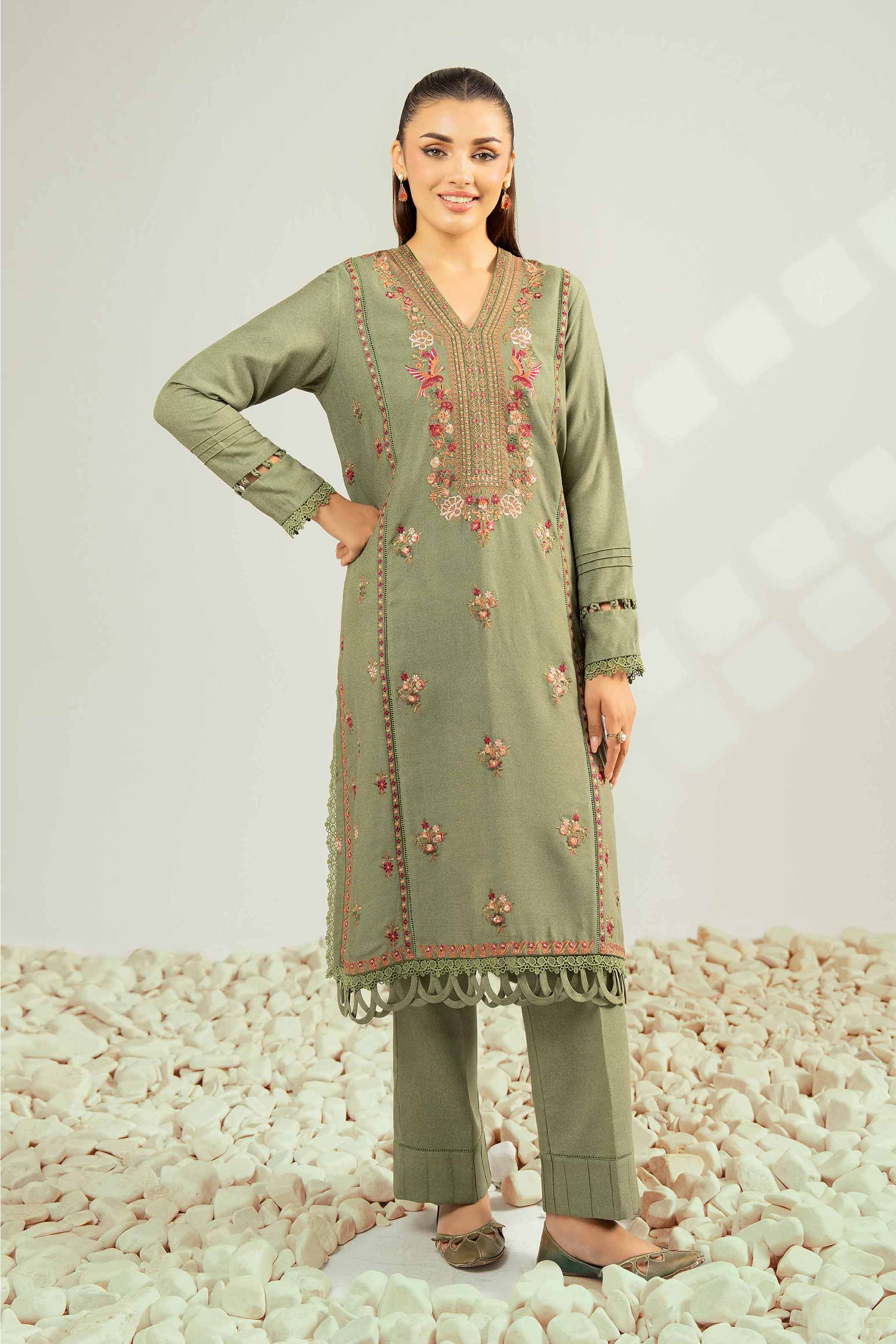 NISHATUAE - Green Embroidered Karandi 2-piece Unstitched Dress