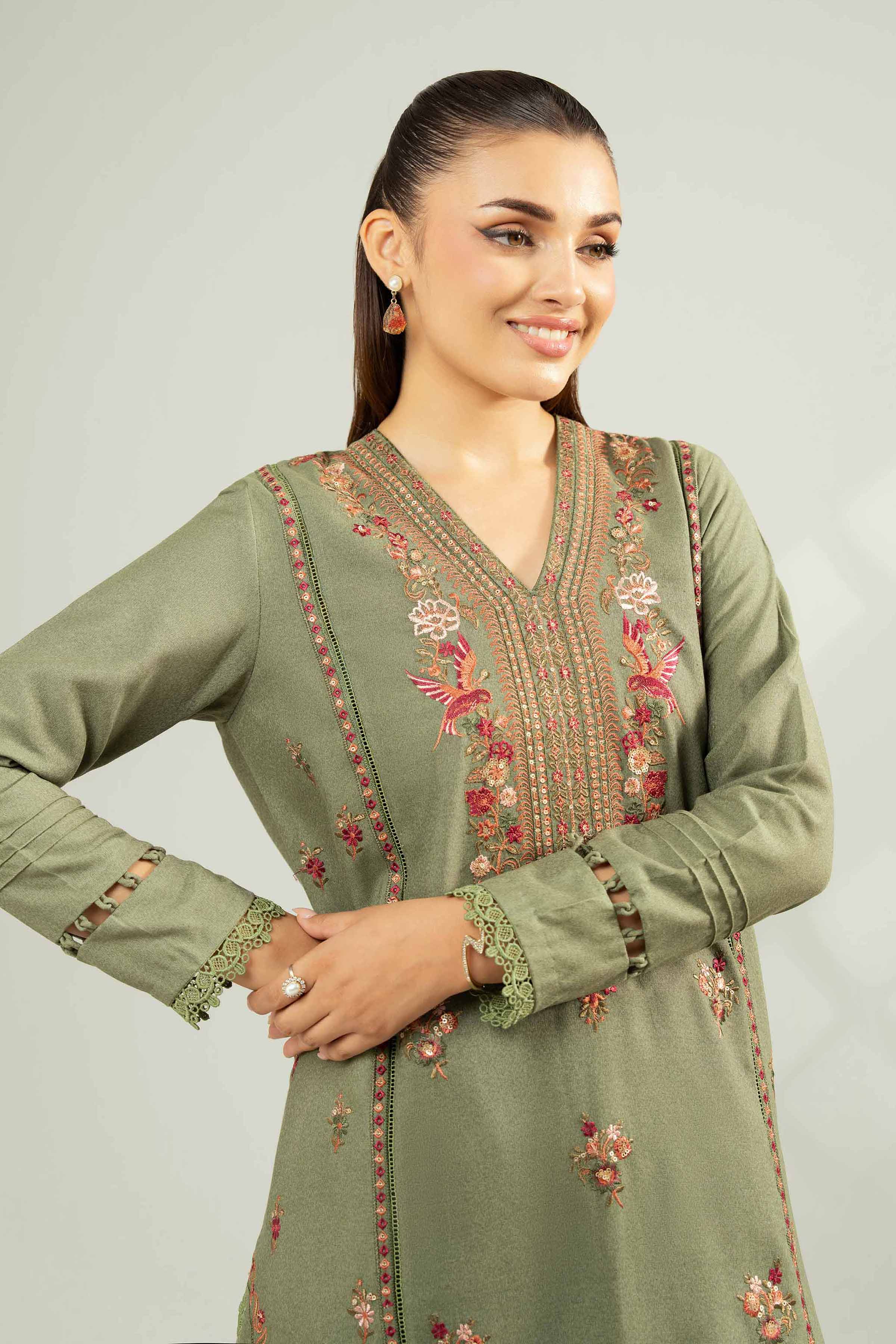 NISHATUAE - Green Embroidered Karandi 2-piece Unstitched Dress