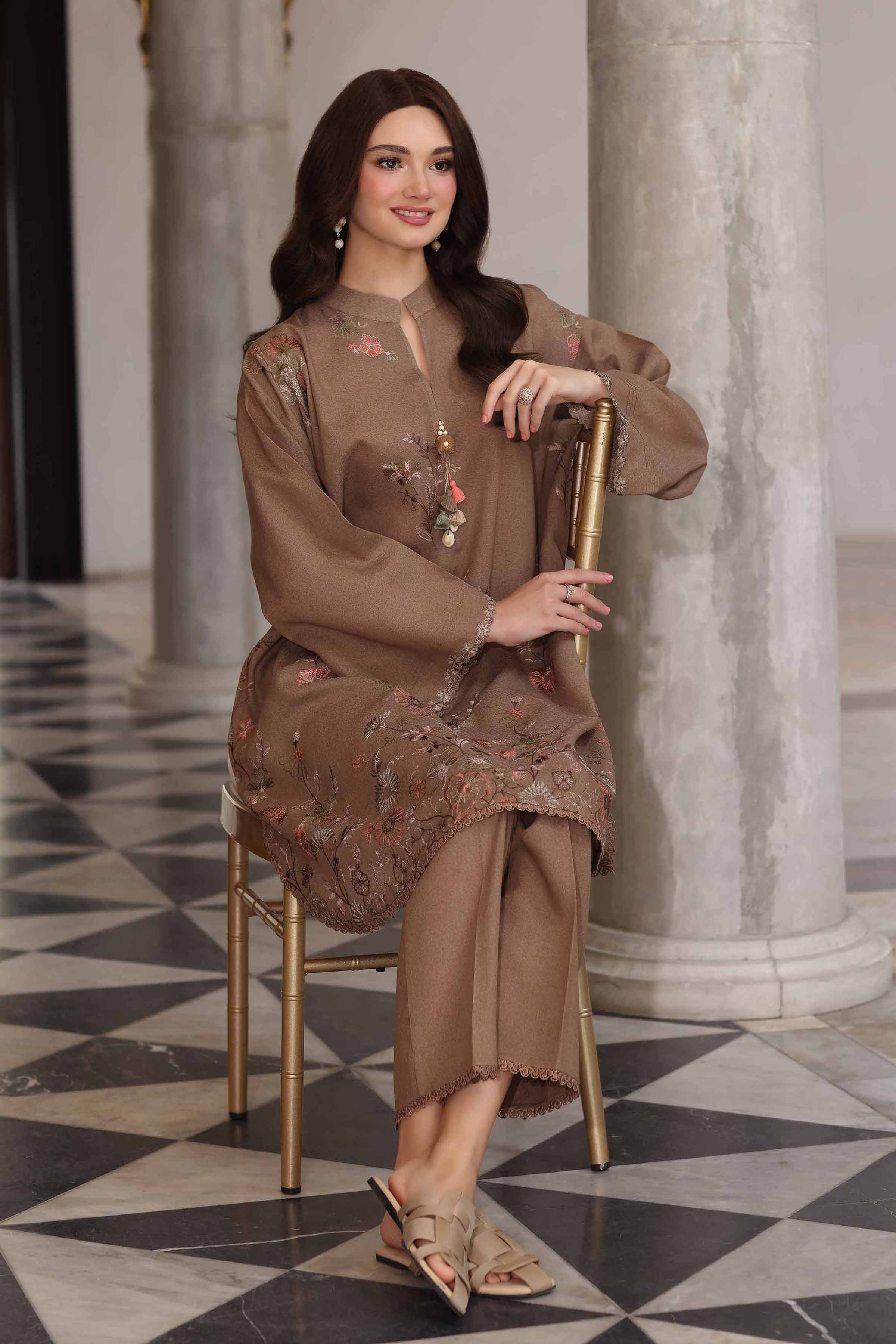 NISHATUAE - Beige Embroidered Karandi 2-piece Unstitched Dress