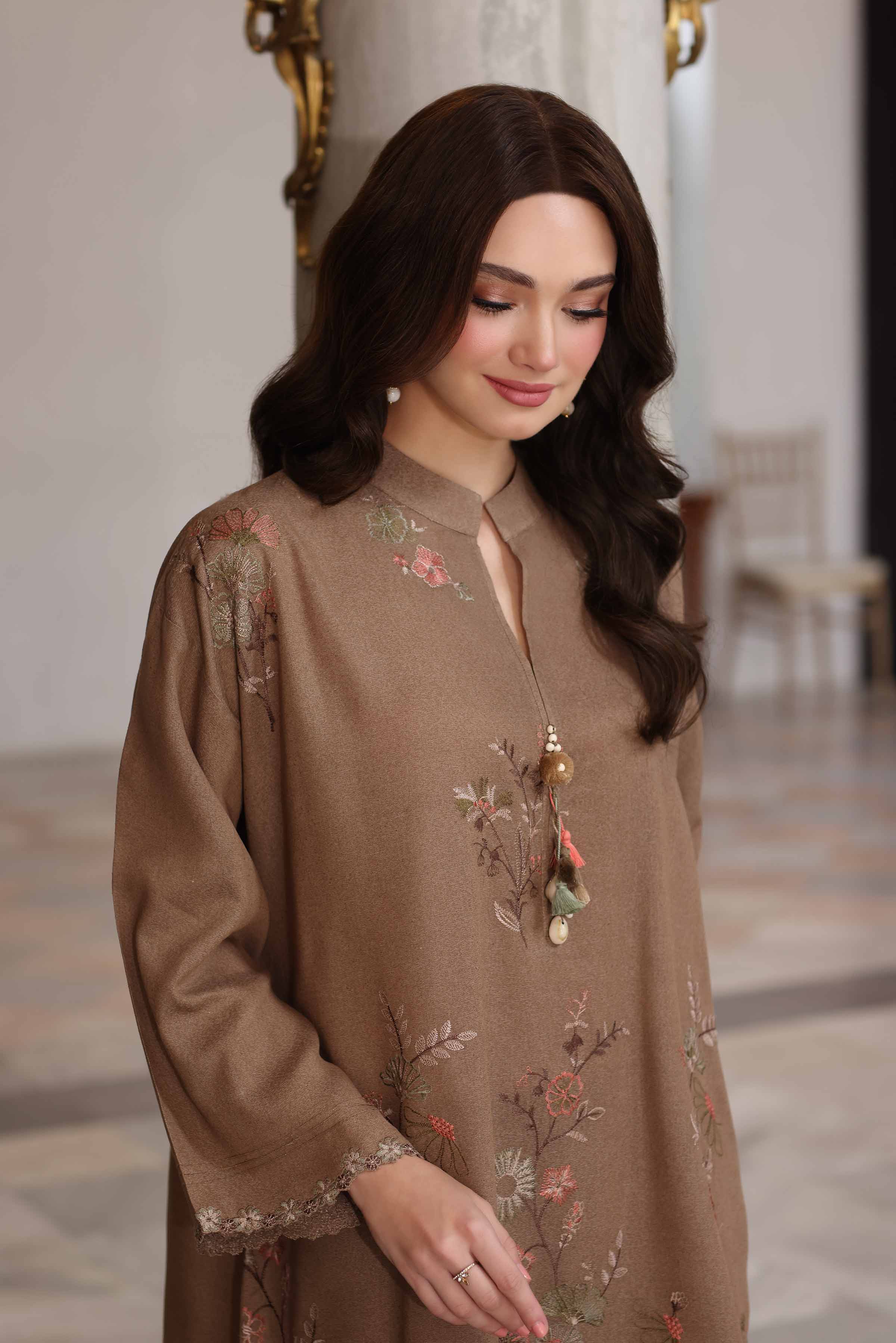NISHATUAE - Beige Embroidered Karandi 2-piece Unstitched Dress