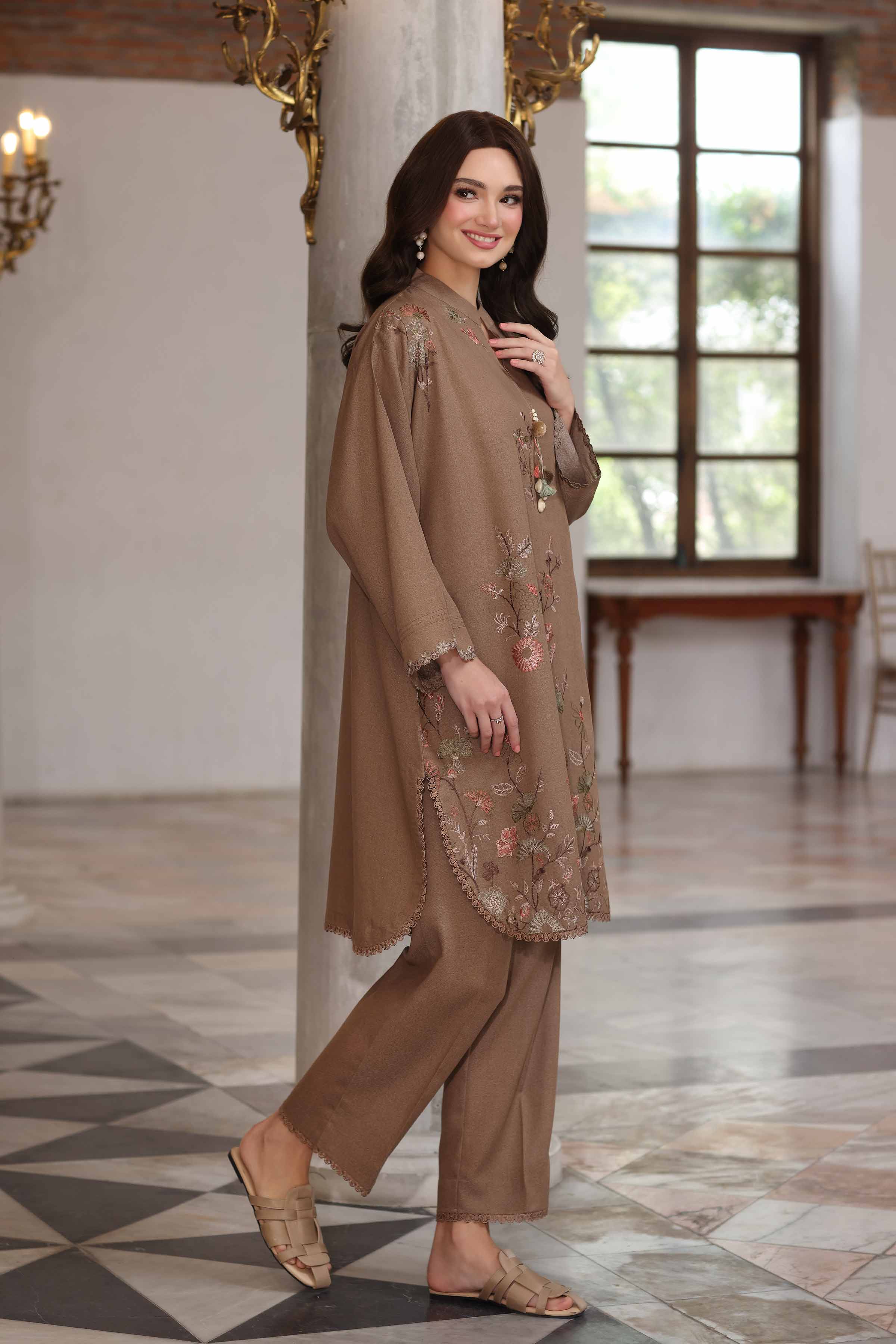 NISHATUAE - Beige Embroidered Karandi 2-piece Unstitched Dress