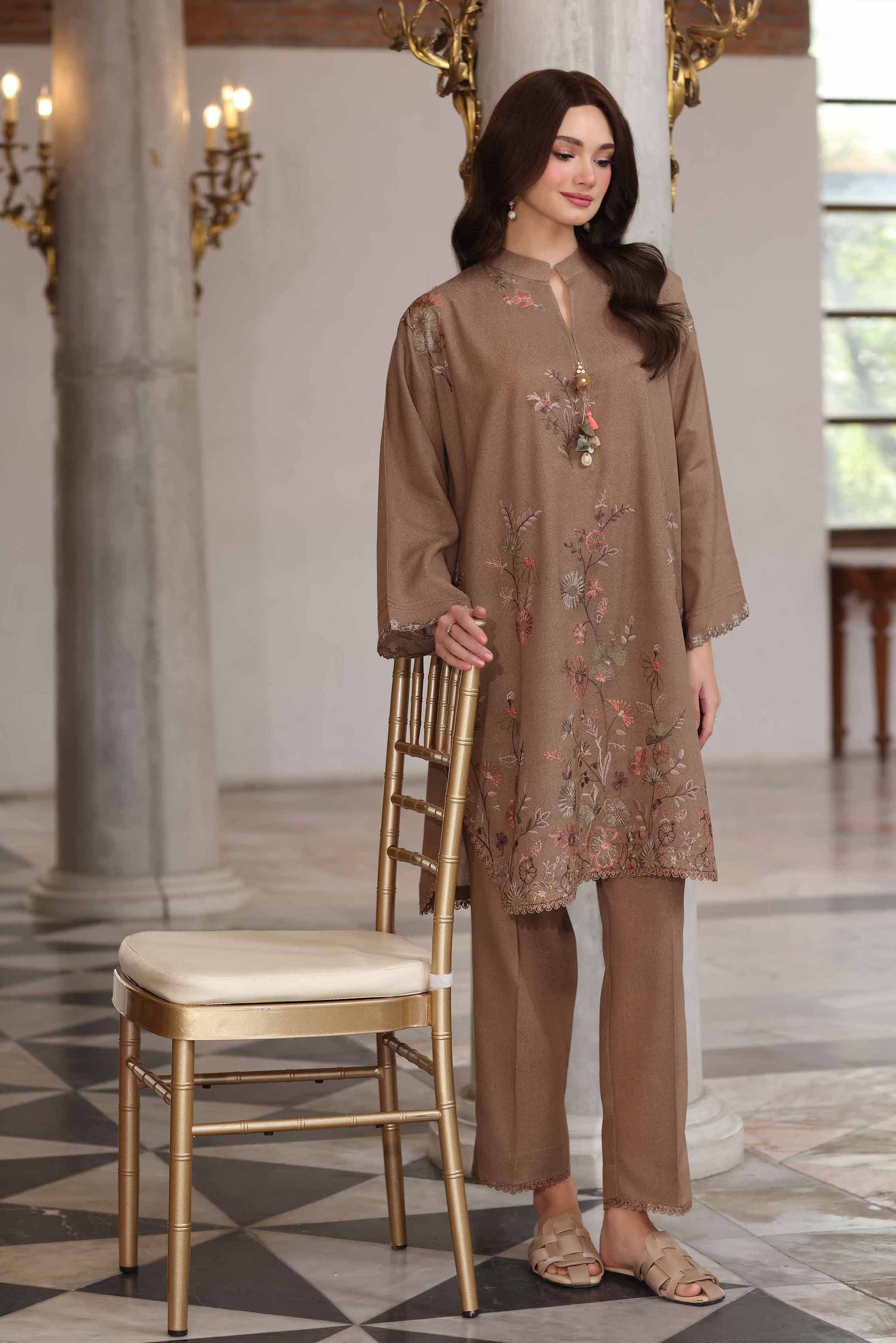 NISHATUAE - Beige Embroidered Karandi 2-piece Unstitched Dress