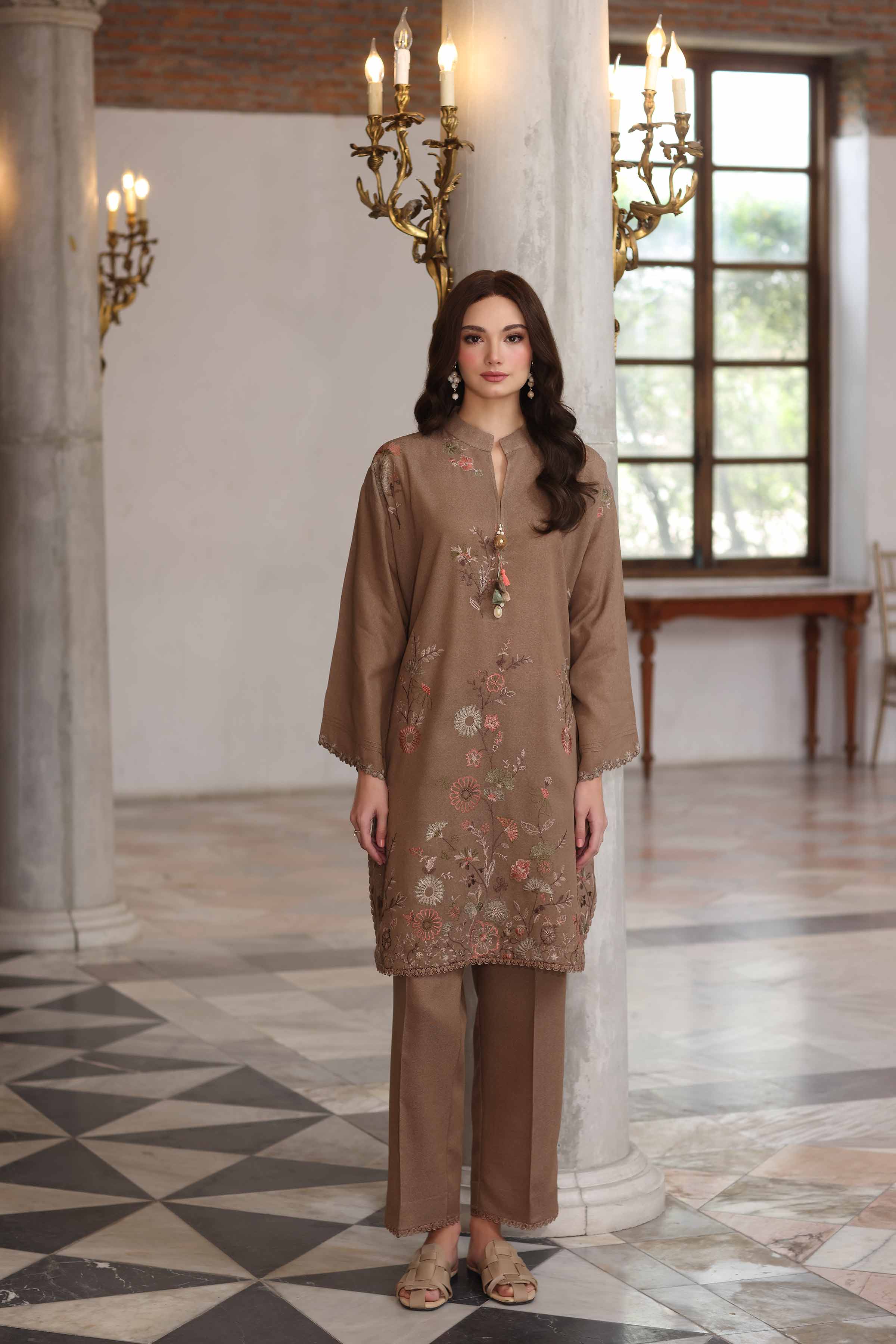 NISHATUAE - Beige Embroidered Karandi 2-piece Unstitched Dress