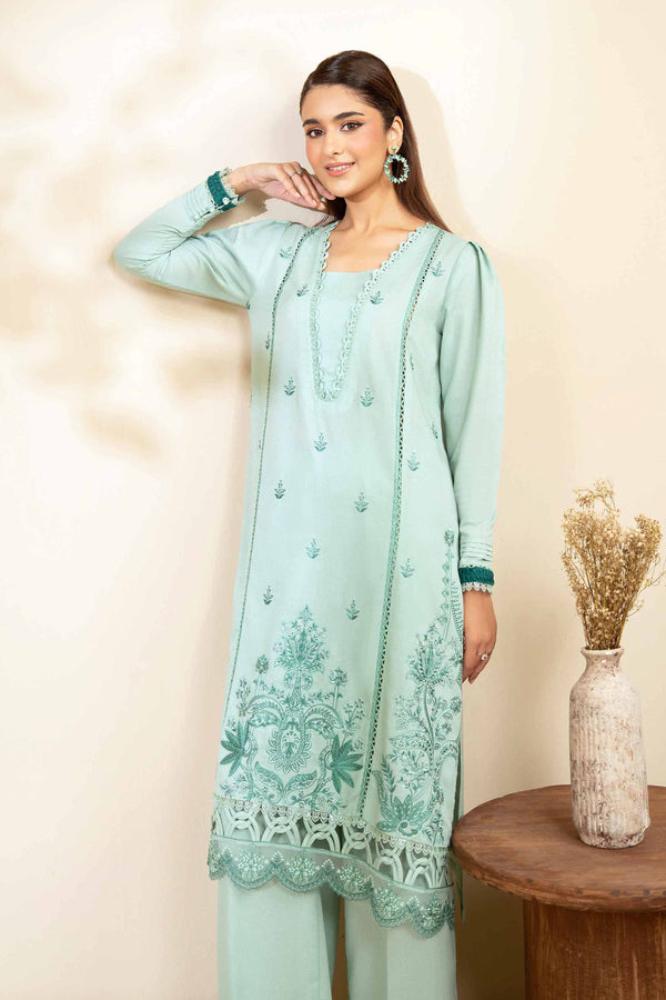 NISHATUAE - Mint Green & Blue Embroidered Karandi 2-piece Unstitched Dress