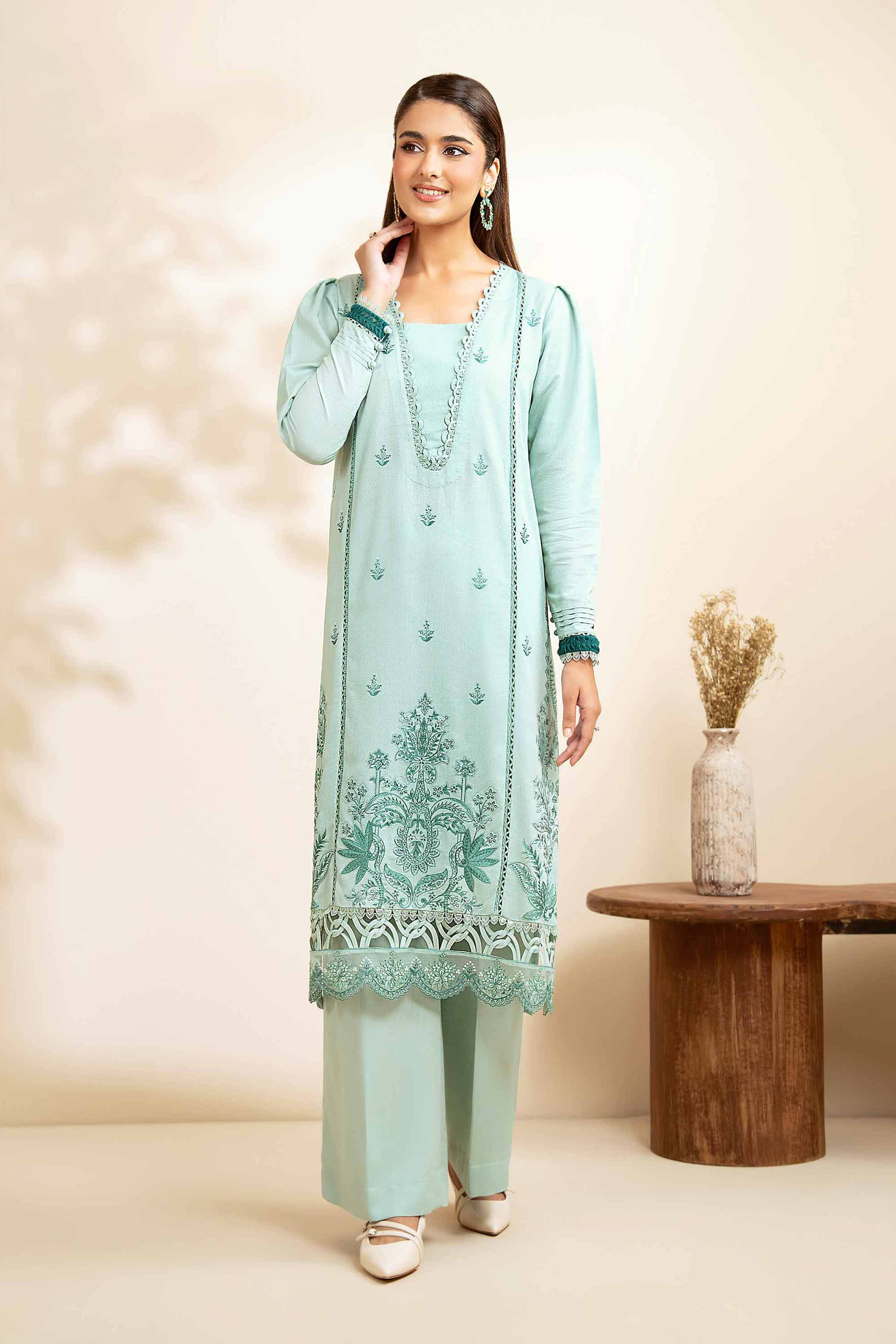 NISHATUAE - Mint Green & Blue Embroidered Karandi 2-piece Unstitched Dress